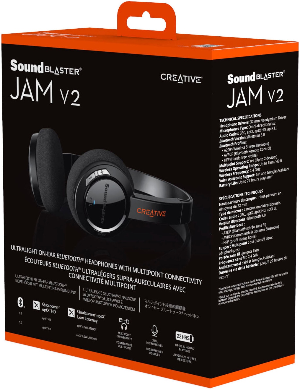 Creative Bluetooth-Kopfhörer »Sound Blaster JAM V2«, Bluetooth-A2DP Bluetooth-AVRCP Bluetooth-HFP-aptX Bluetooth, LED Ladestandsanzeige-Multi-Point-Verbindung-kompatibel mit Siri-Rauschunterdrückung