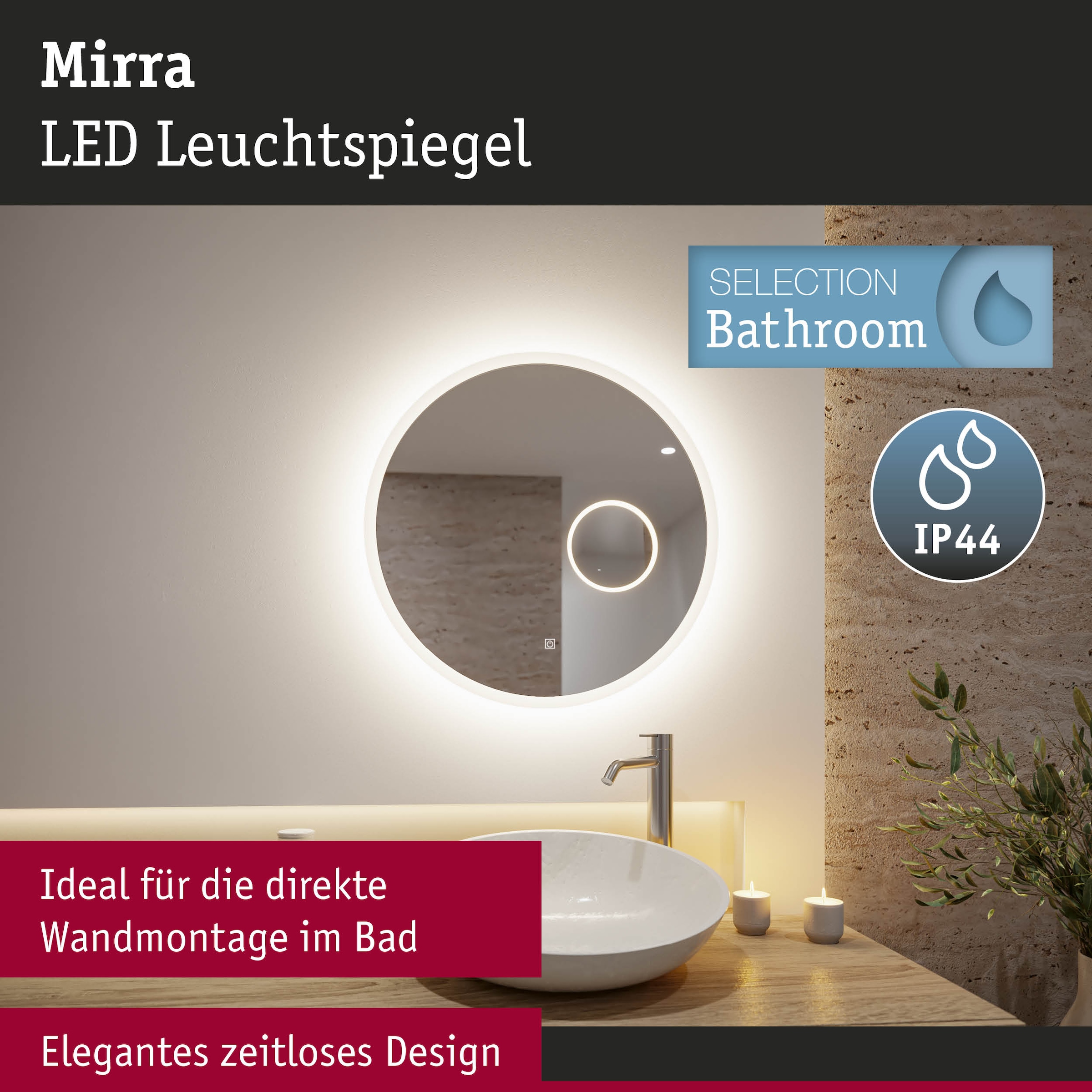 Paulmann LED Spiegelleuchte »LED Leuchtspiegel Mirra  IP44 dimmbar Spiegel« 1 Stk. Neutralweiß Memoryfunktion, Dimmer