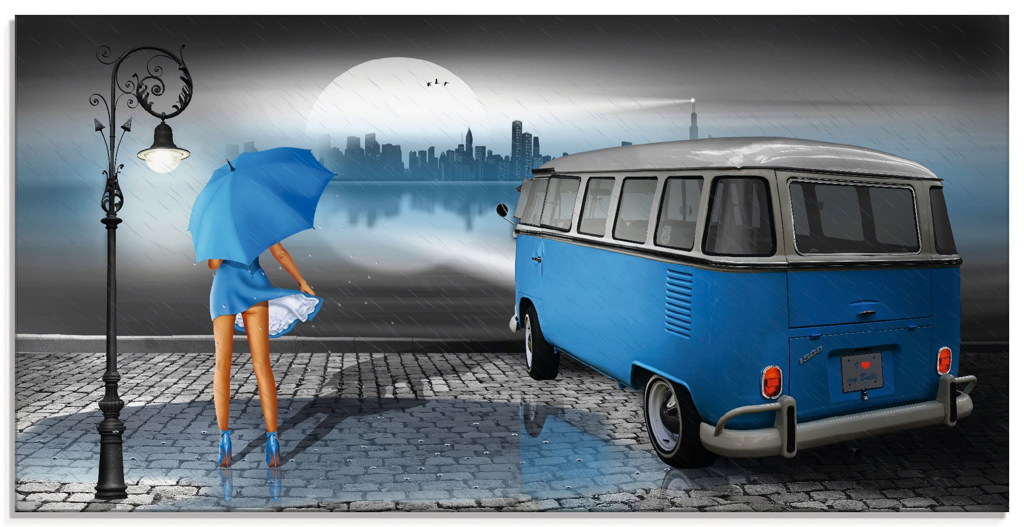 Artland Glasbild »Regennacht in Blau mit Bulli T1«, Auto, (1 St.), in verschiedenen  Größen auf Rechnung bestellen