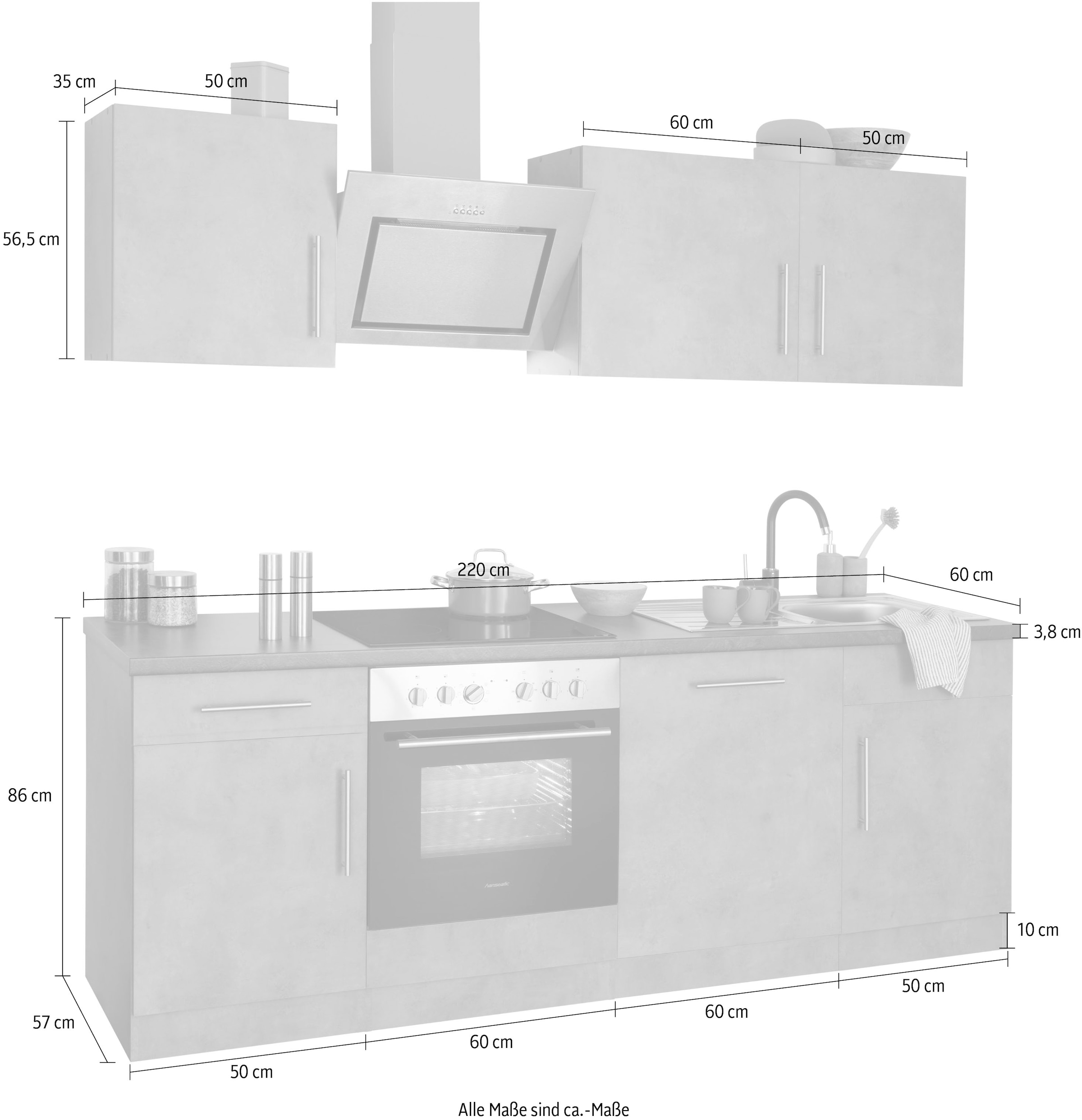 wiho Küchen Küchenzeile »Cali«, mit E-Geräten, Breite 220 cm mit Hanseatic E-Geräten