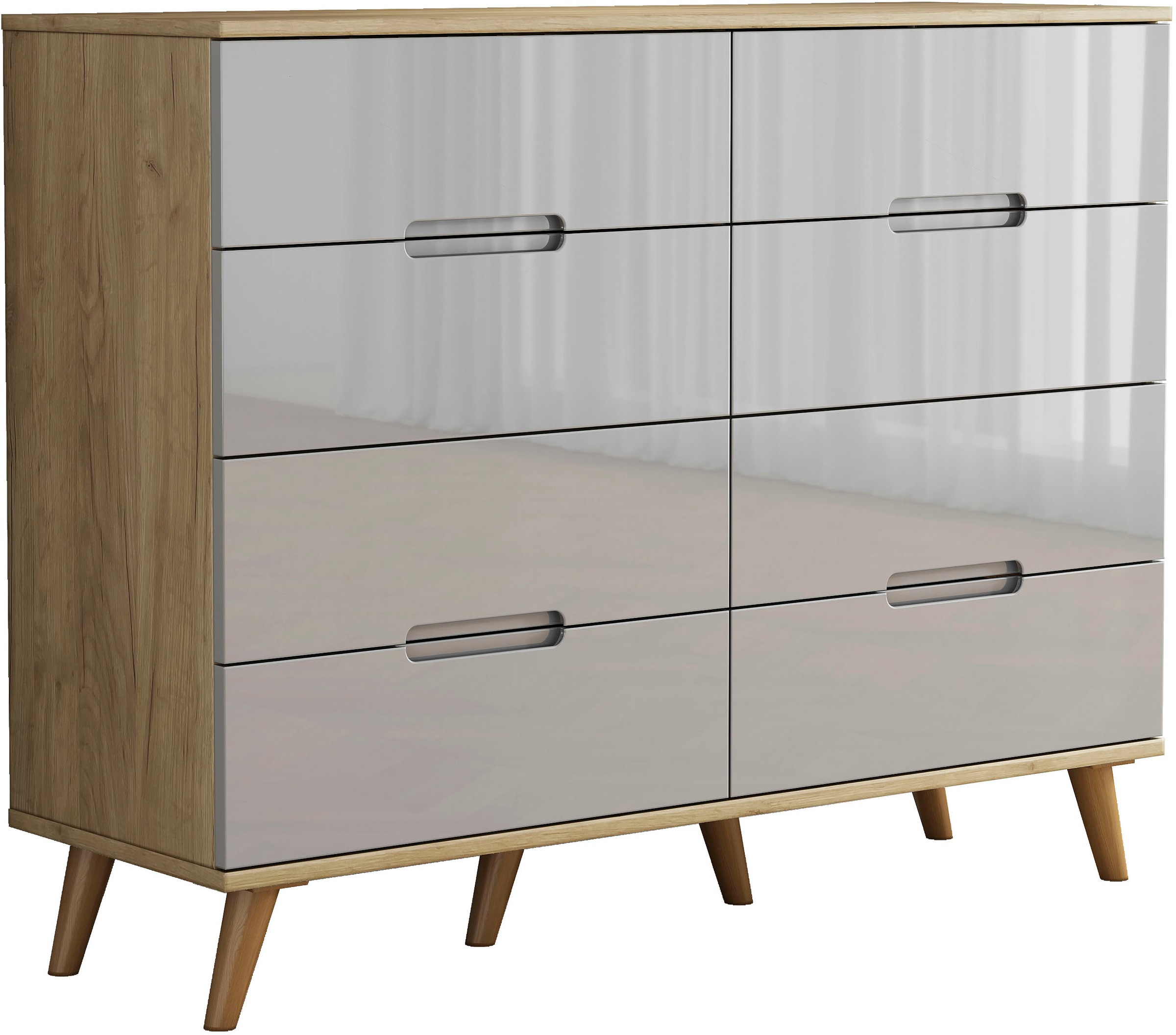 OTTO home Kommode »Lund« mit glänzenden Fronten, Griffmulden, helles Holzdekor, Breite 120 cm