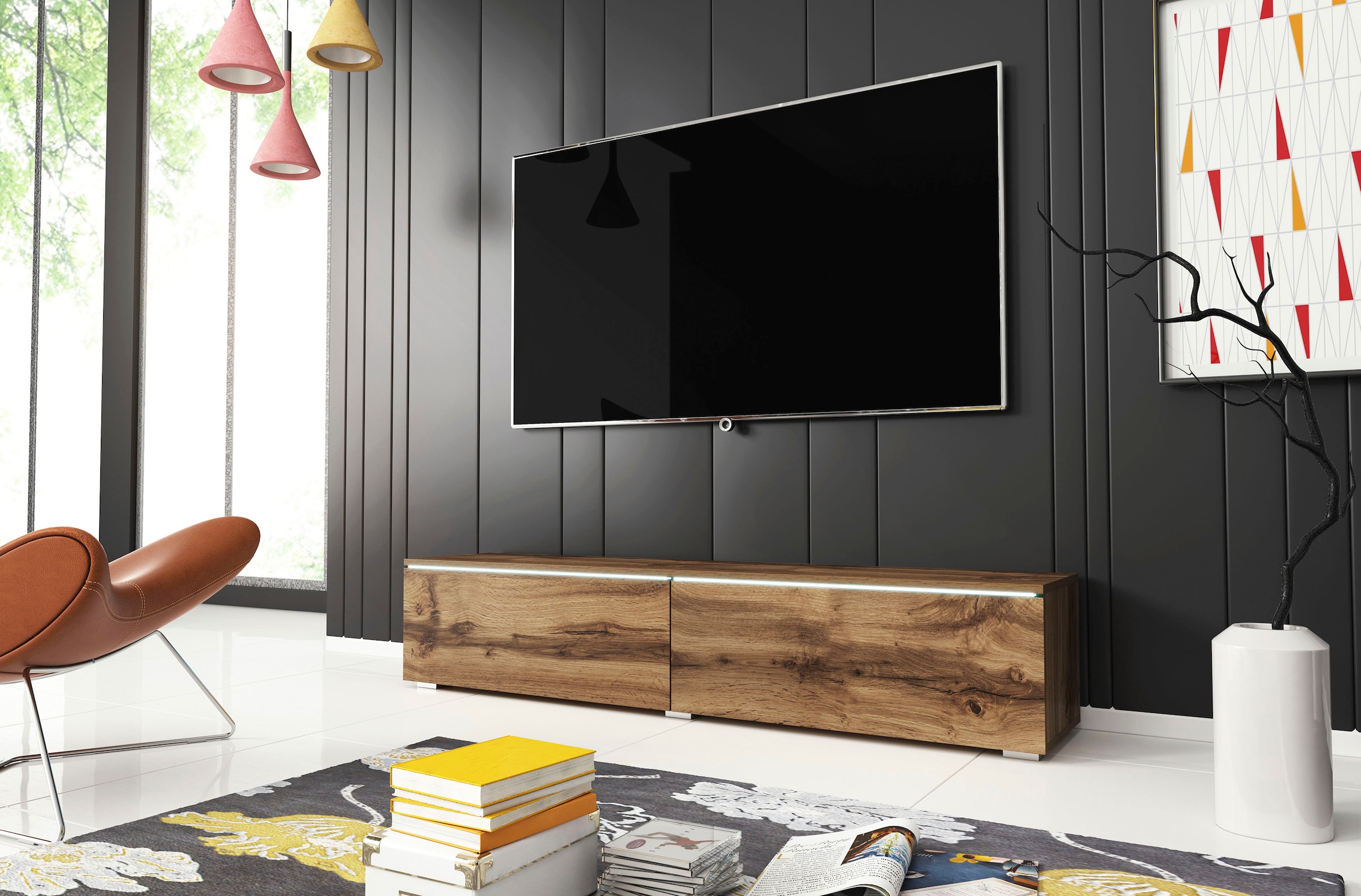 INOSIGN Lowboard »LOWBOARD D, wahlweise mit oder ohne Beleuchtung«, modernes TV-Board ohne Griffe, mit viel Stauraum,stehend und hängend