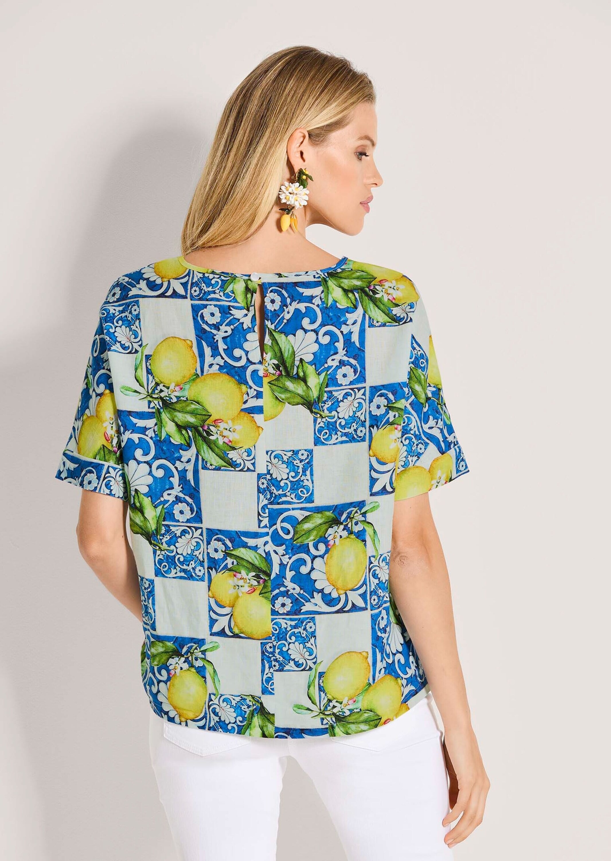 MADELEINE Kurzarmbluse »Blusenshirt Sommerbluse mit mediterranem Print« Überschnittene Schultern