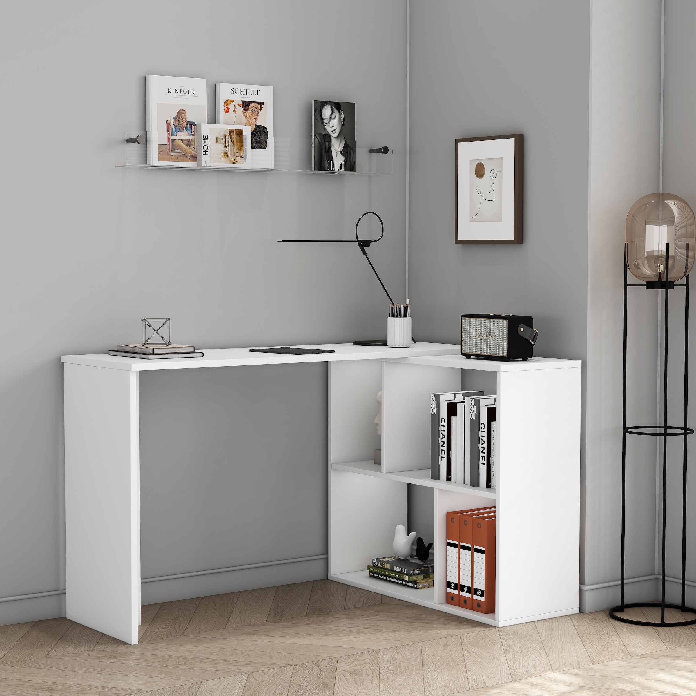 OTTO home Eckschreibtisch »Jaaron« mit vier offenen Fächern, modernes und elegantes Design