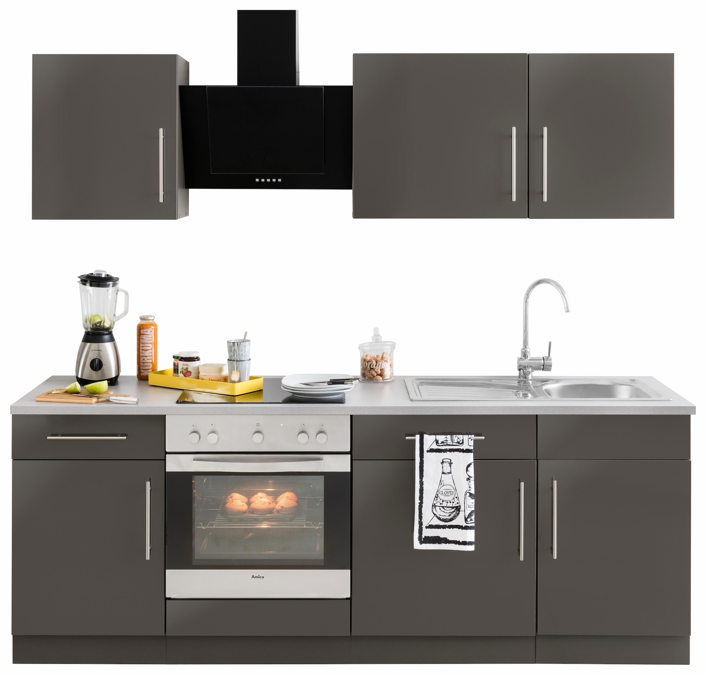 Küchenzeile »Cali«, mit E-Geräten, Breite 220 cm mit Metallgriffen