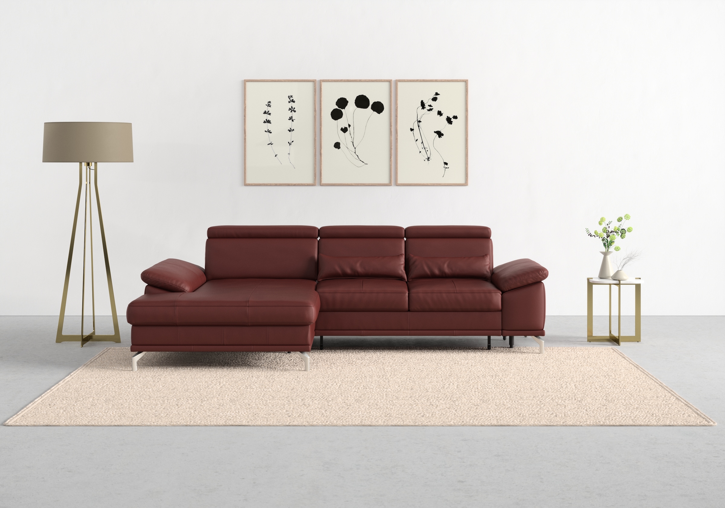 sit&more Ecksofa »Cabrio L-Form, mit Sitztiefenverstellung, Arm- und Kopfteilverstellung«, 2 Nierenkissen, Federkern, optional Bettfunktion und Stauraum