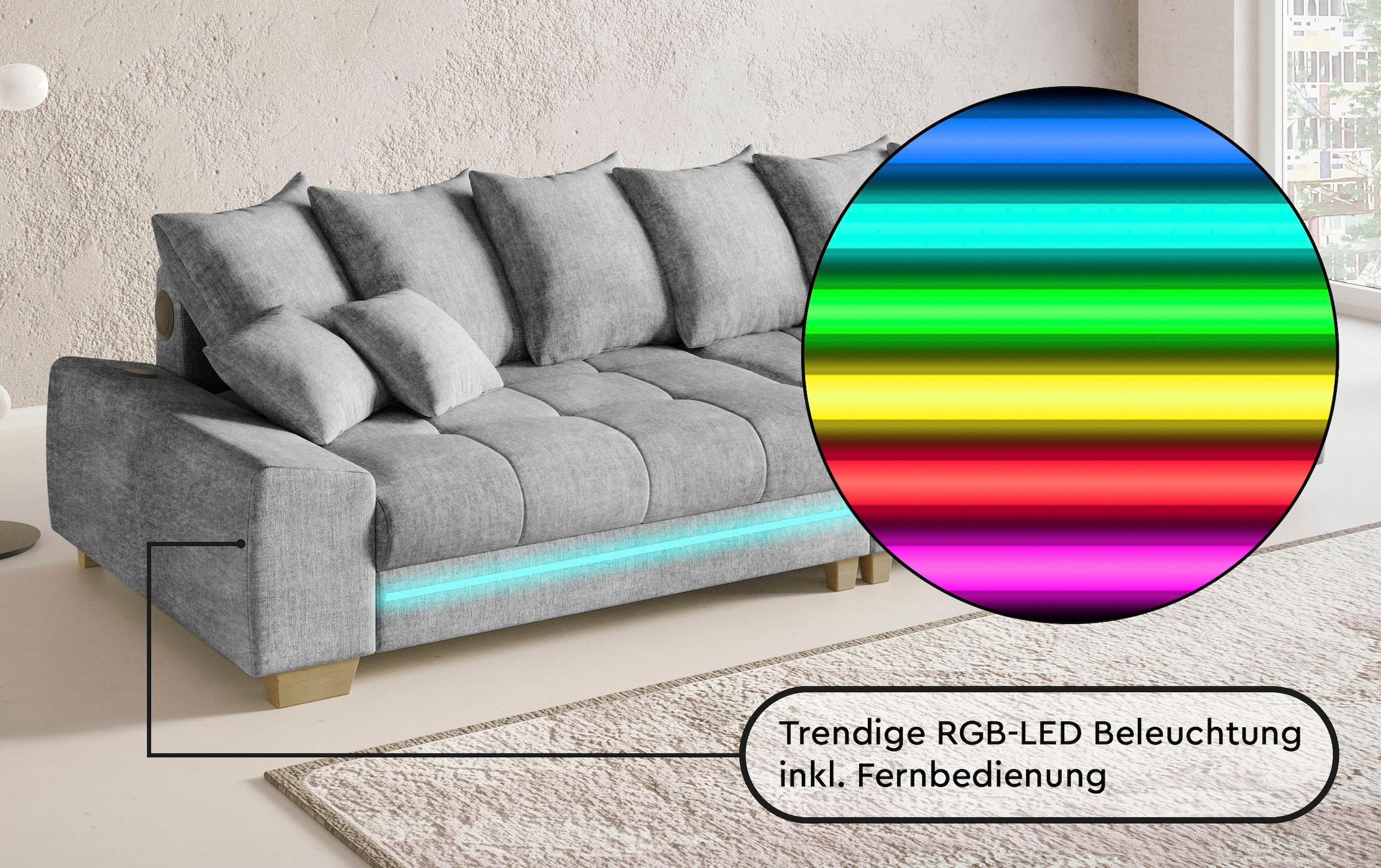 Mr. Couch Ecksofa »Nikita II, L-Form«, RGB-LED, Bluetooth-Soundsystem, wahlweise mit Bett, Bettkasten