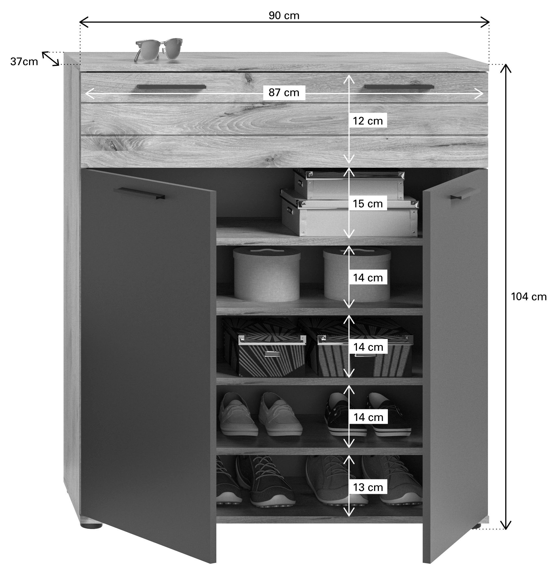 INOSIGN Schuhkommode »Riga, Breite 90 cm, 2 Türen, 1 Schubkasten, 4 Einlegeböden, 5 Fächer«, hochwertige Rillenfräsung, mit Softclose, Kommode, Anrichte, Schrank