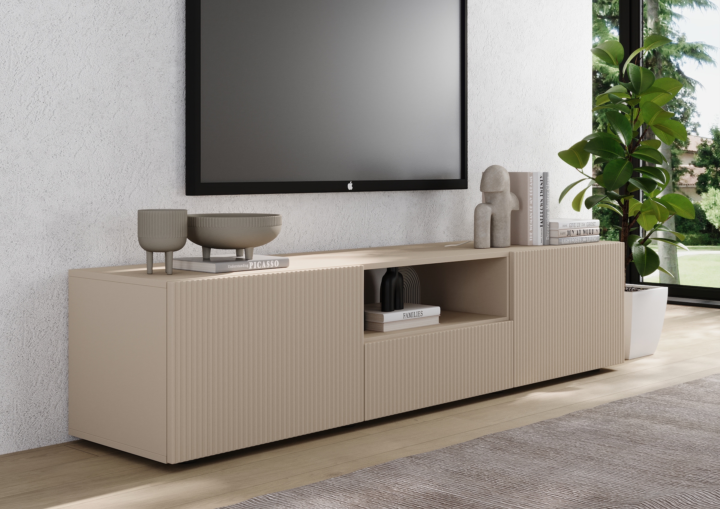 INOSIGN Lowboard »Rio Breite 181 cm, TV-Board 2 Türen u. 1 Schubkasten, TV-Schrank« geriffelte MDF-Fronten, modern u. elegant, Kabelführung, viel Stauraum