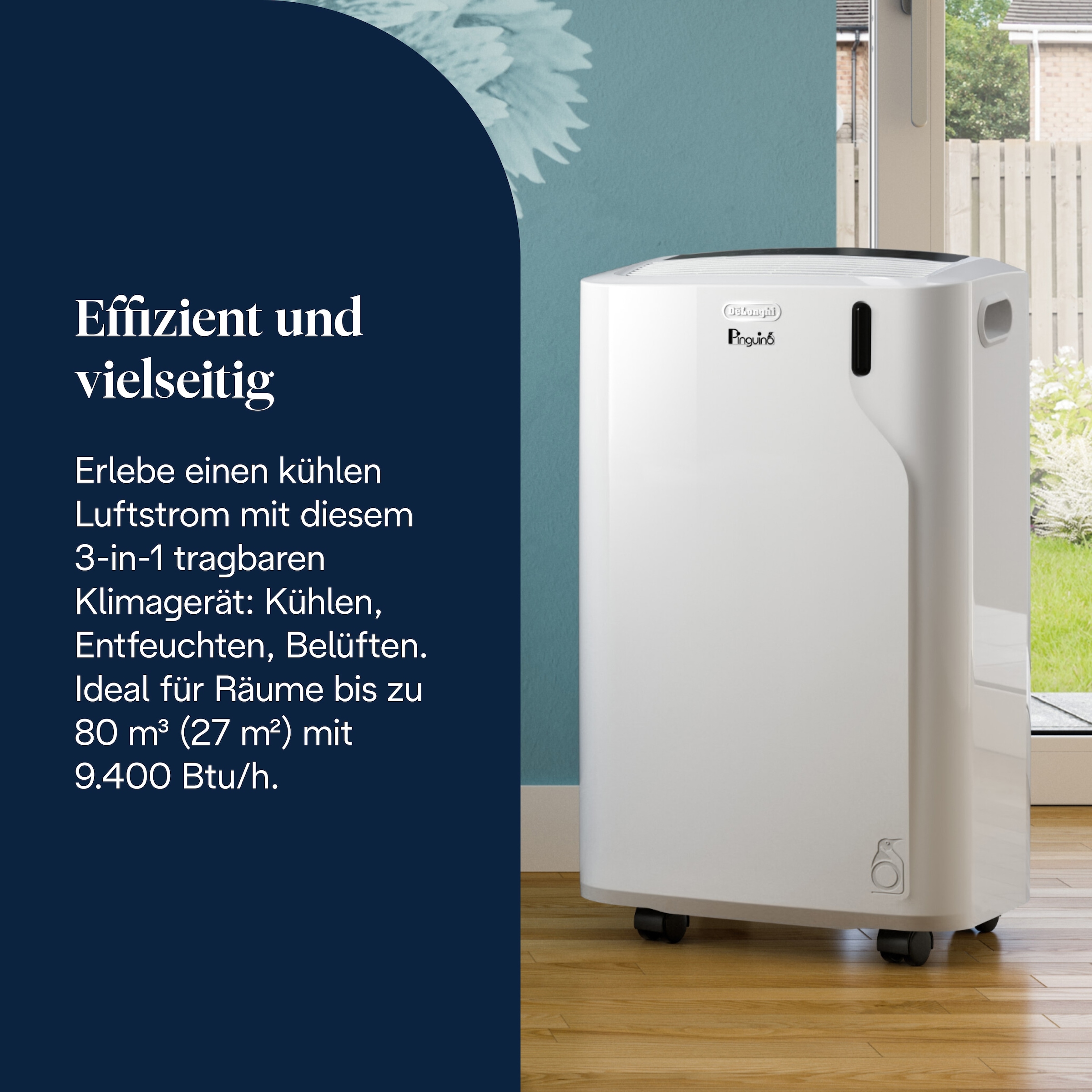De'Longhi 3-in-1-Klimagerät »Pinguino EM82K ideal für kleine Wohnungen/Räume« 27 m² Räume, A, 9.400 BTU/h, 2,4 Kw, 63 dB, Luftentfeuchtermodus