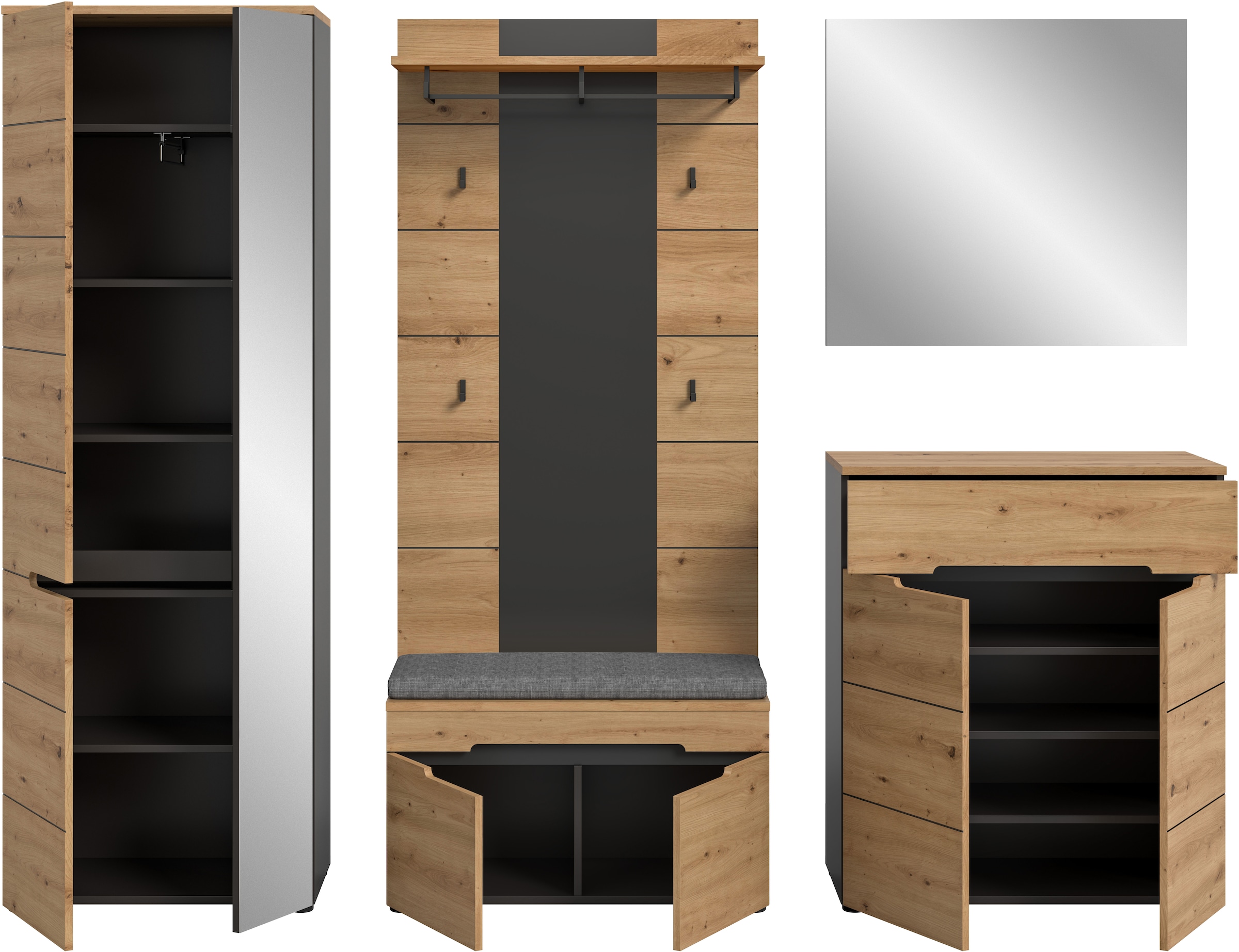 Home affaire Garderoben-Set »REHAT, TOPSELLER!, 5-teilig, Breite 255 cm, individuell erweiterbar« Set, bestehend aus: Schrank, Sitzbank, Sitzkissen, Paneel, Spiegel, Kommode, 6 Stk. tlg.