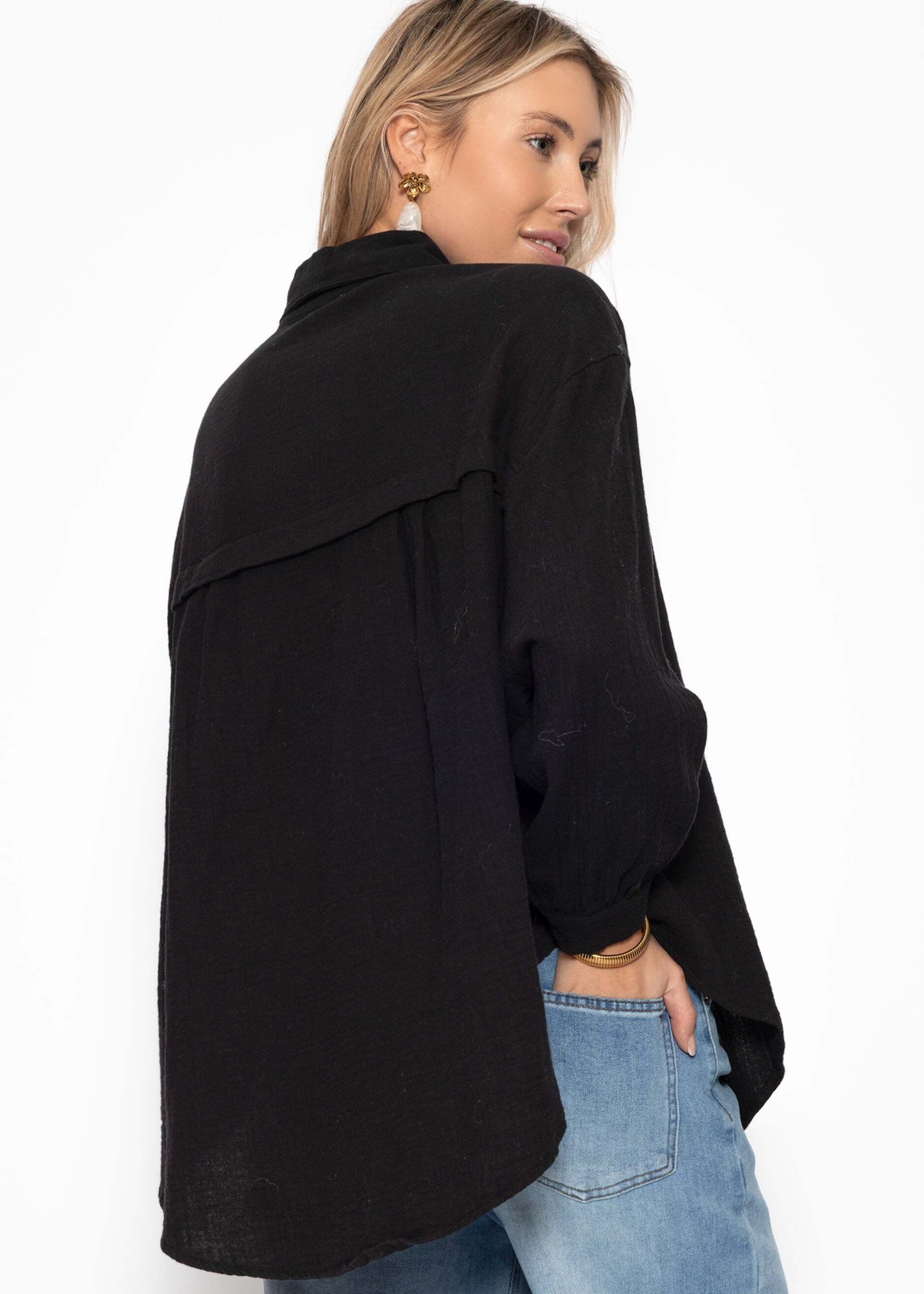 SASSYCLASSY Longbluse »Oversize Musselin Bluse« Baumwollbluse im Oversized Fit mit Kent Kragen