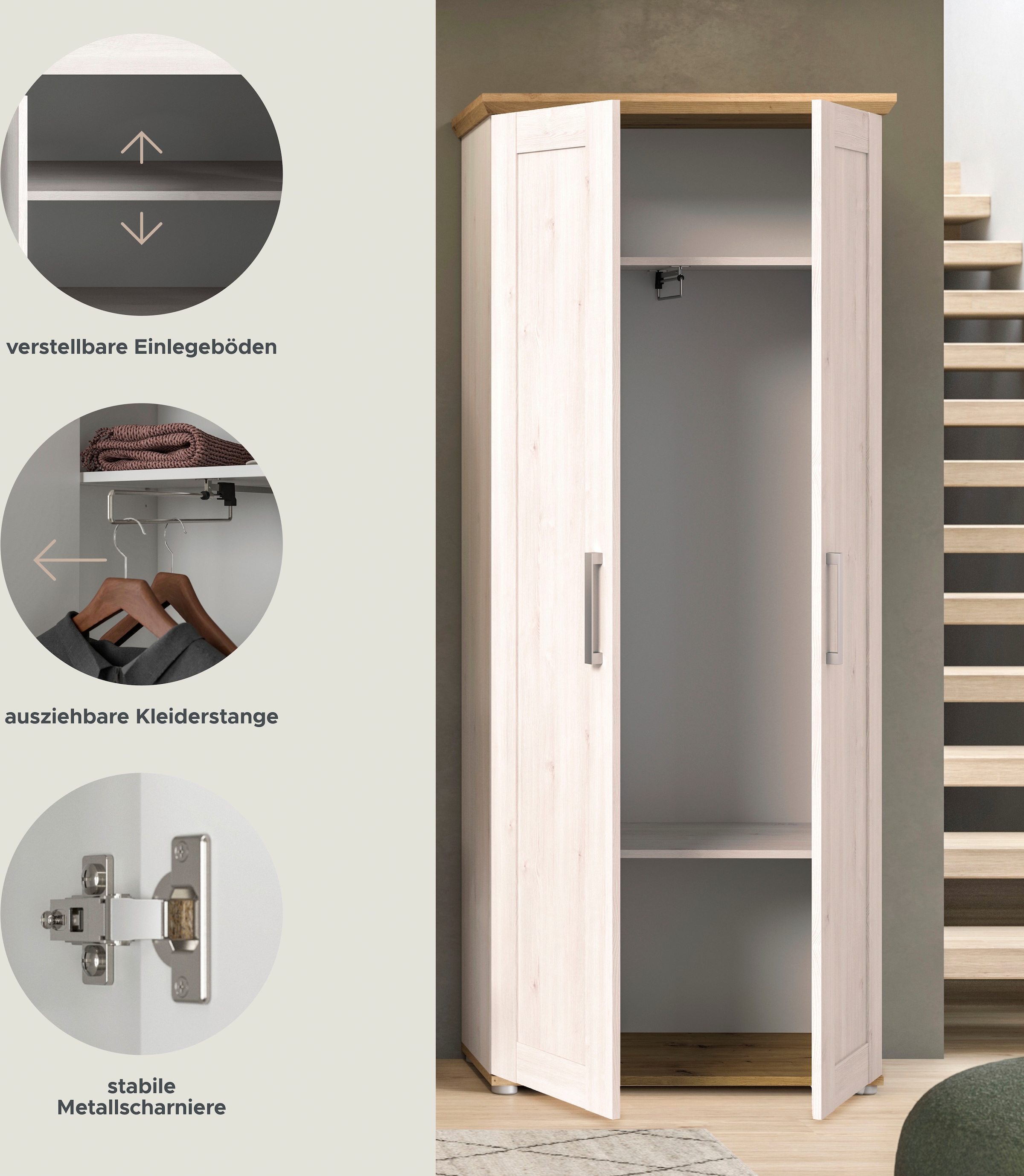 Home affaire Garderobenschrank »COSENZA, TOPSELLER!, Höhe 196 cm, 2 Türen, 2 Böden, 1 Kleiderstange«, Hochschrank, Stauraumschrank, Schrank, Flurschrank, Dielenschrank