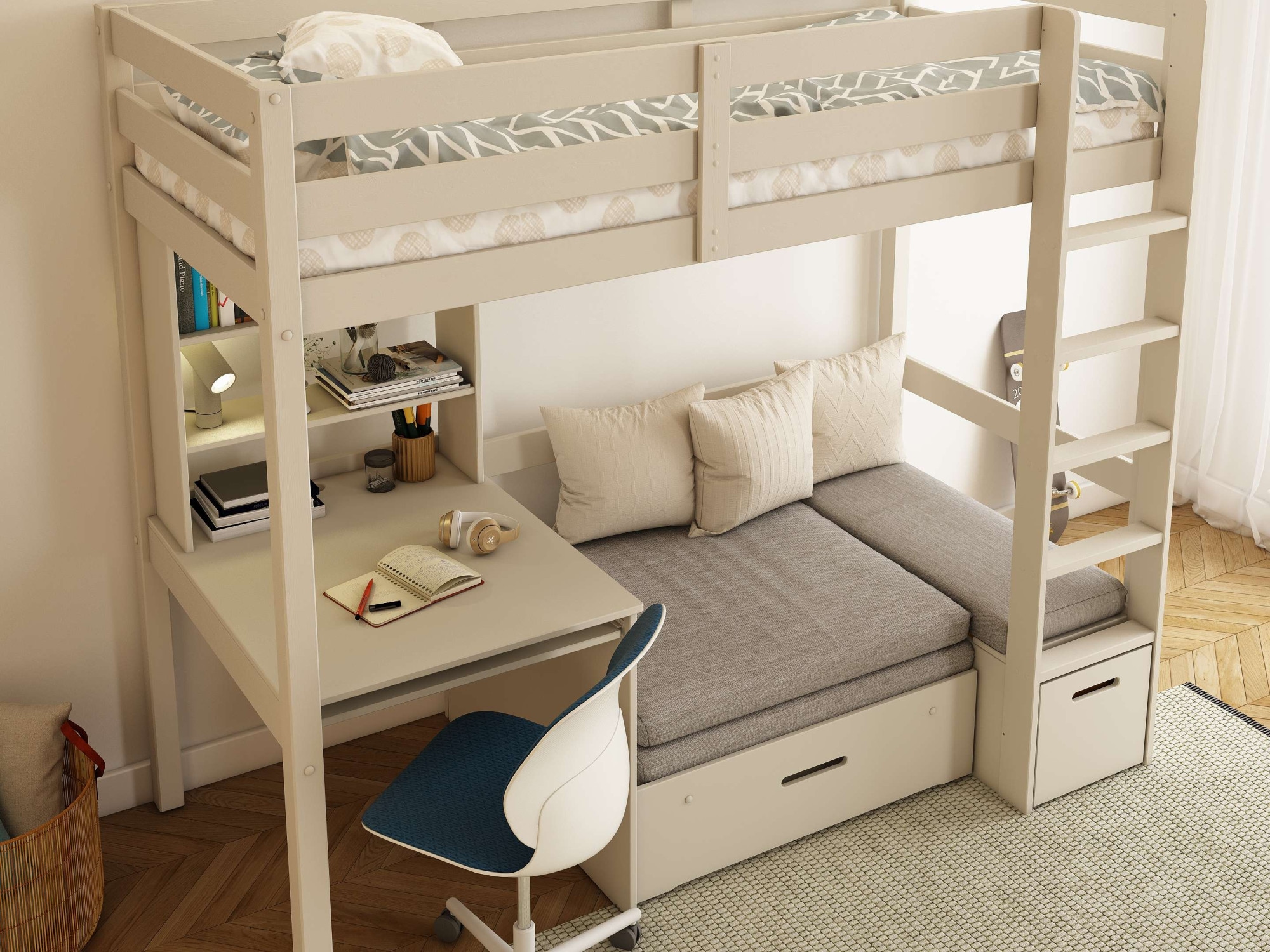 OTTO home Etagenbett »HENNE' TOPSELLER! Hochbett, Ideal für kleine Räume, 2 Schlafplätze« zweiter Schlafplatz ausziehbar, B/H/T ca. 208/180/105cm,  mit Polsterauflagen, Schreibtisch, Stauraum, seitenverkehrt montierbar