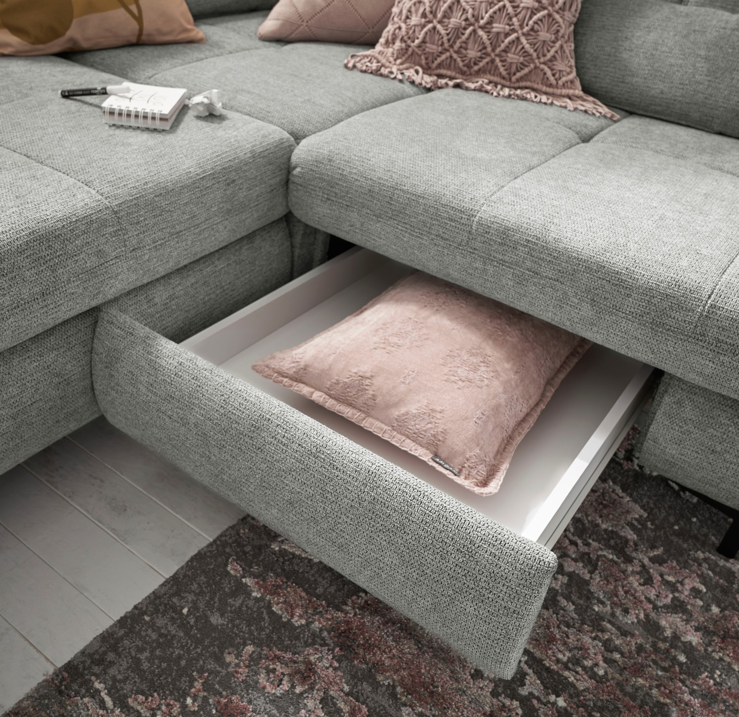 set one by Musterring Ecksofa »SO 3400 Sitzhöhe 47cm oder 49cm, Sitztiefe verstellbar, B/T 317/220 cm«, Kaltschaumpolsterung, Flachgewebe, whlw. mit Funktionen, Sitzhöhe 49