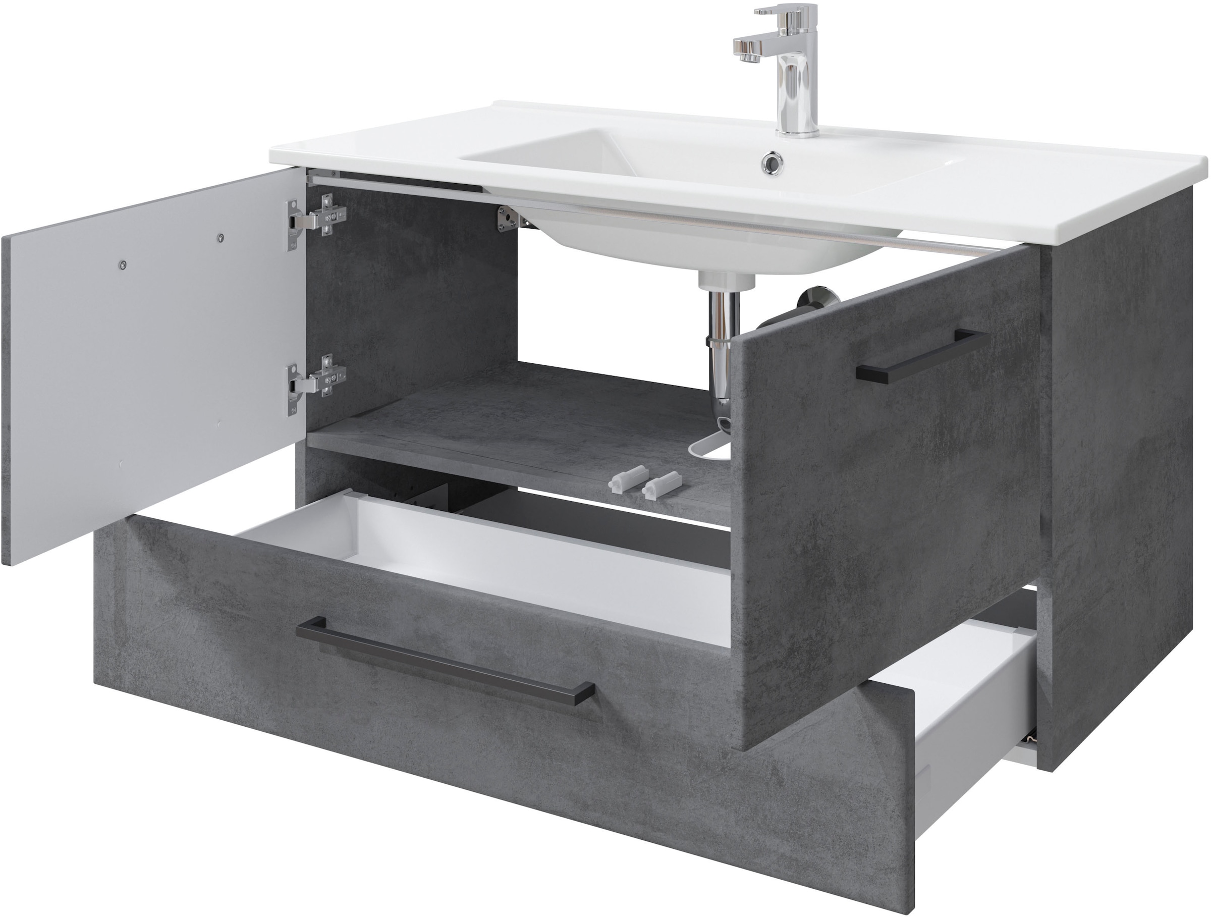 Saphir Badmöbel-Set »Quickset 945 4-teilig, Keramik-Waschtisch mit LED-Spiegelschrank«, (5 St.), Unterschrank, Midischrank, 7 Türen, 5 Schubladen, inkl. Türdämpfer