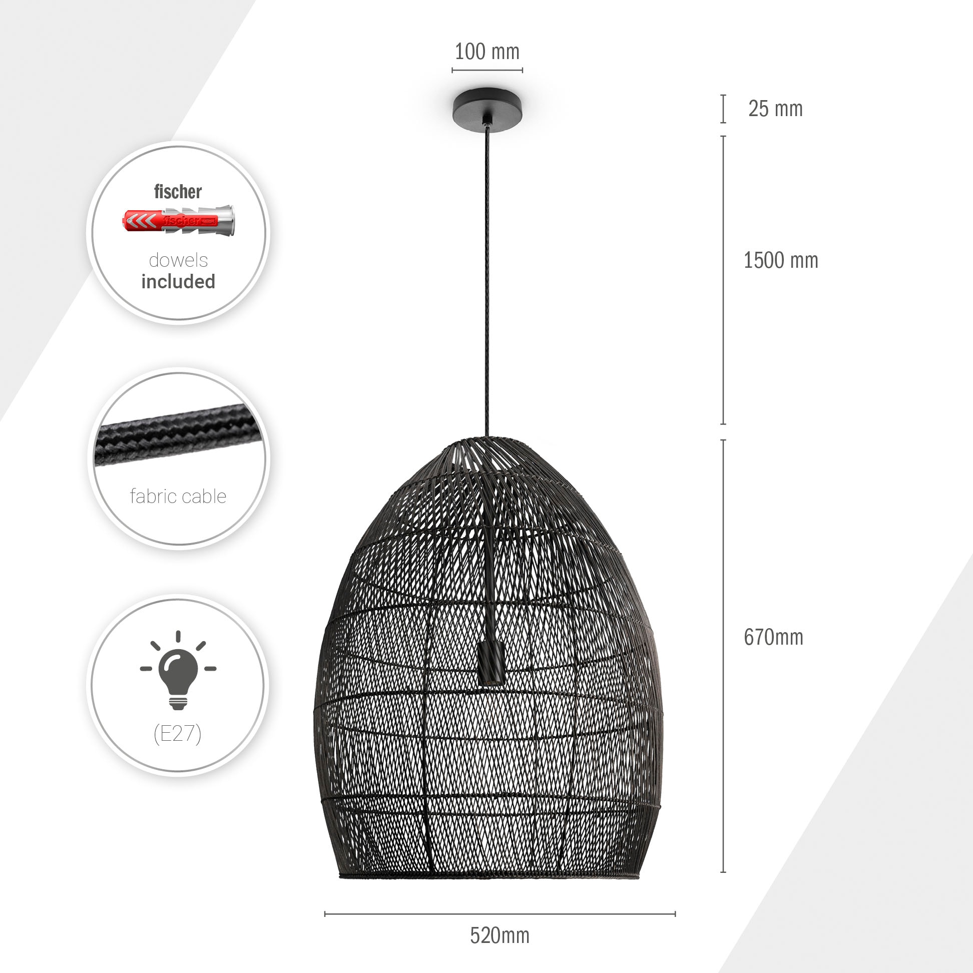 Paco Home Pendelleuchte »VIHMA«, Leuchtmittel E27 | ohne Leuchtmittel, Rattan Pendelleuchte Esstischlampe Natürlich LED Boho Rustikal E27
