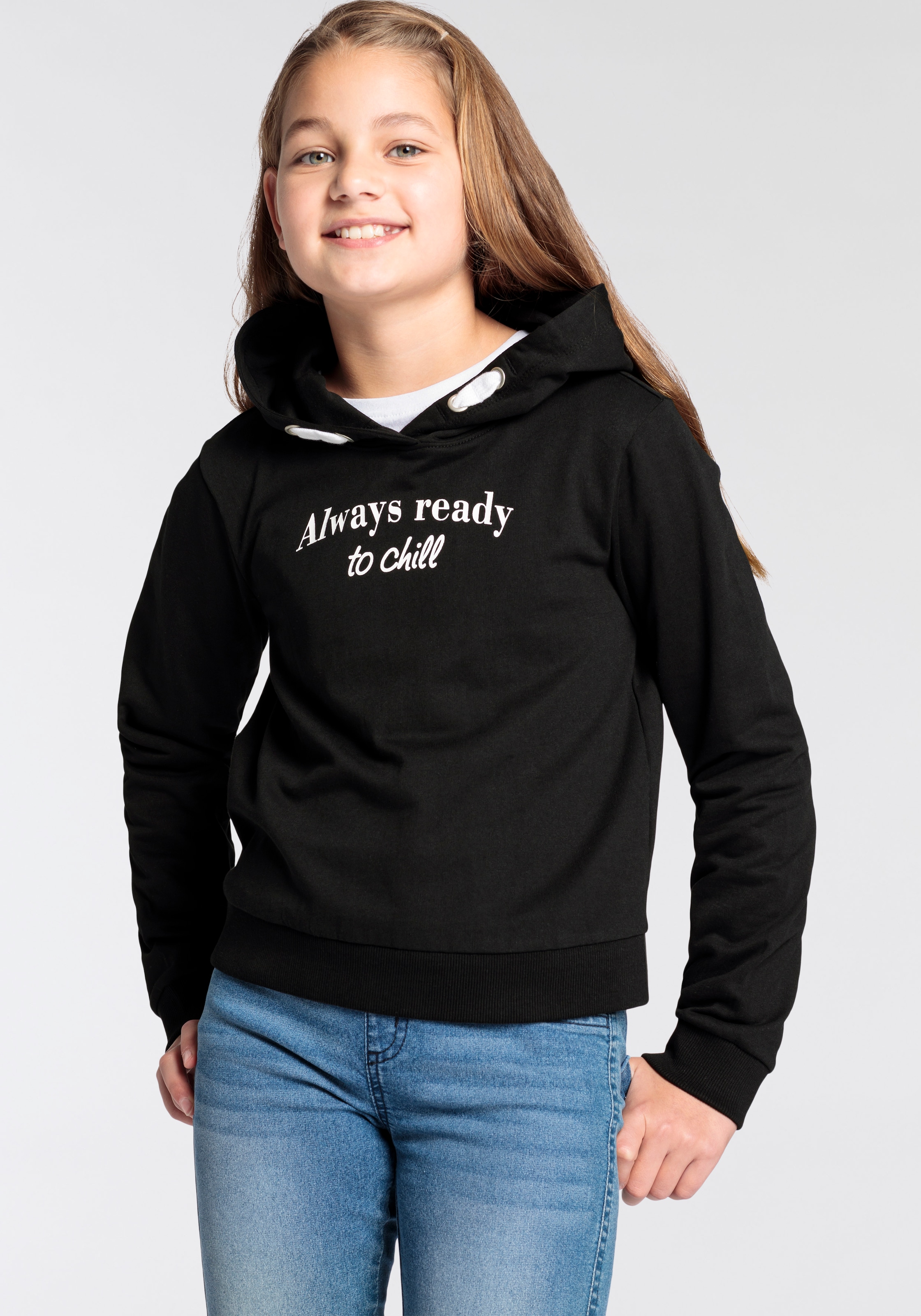 KIDSWORLD Kapuzensweatshirt »ALLWAYS READY TO CHILL«, Langarm mit Bündchen, basic geschnitten, trendiger Druck