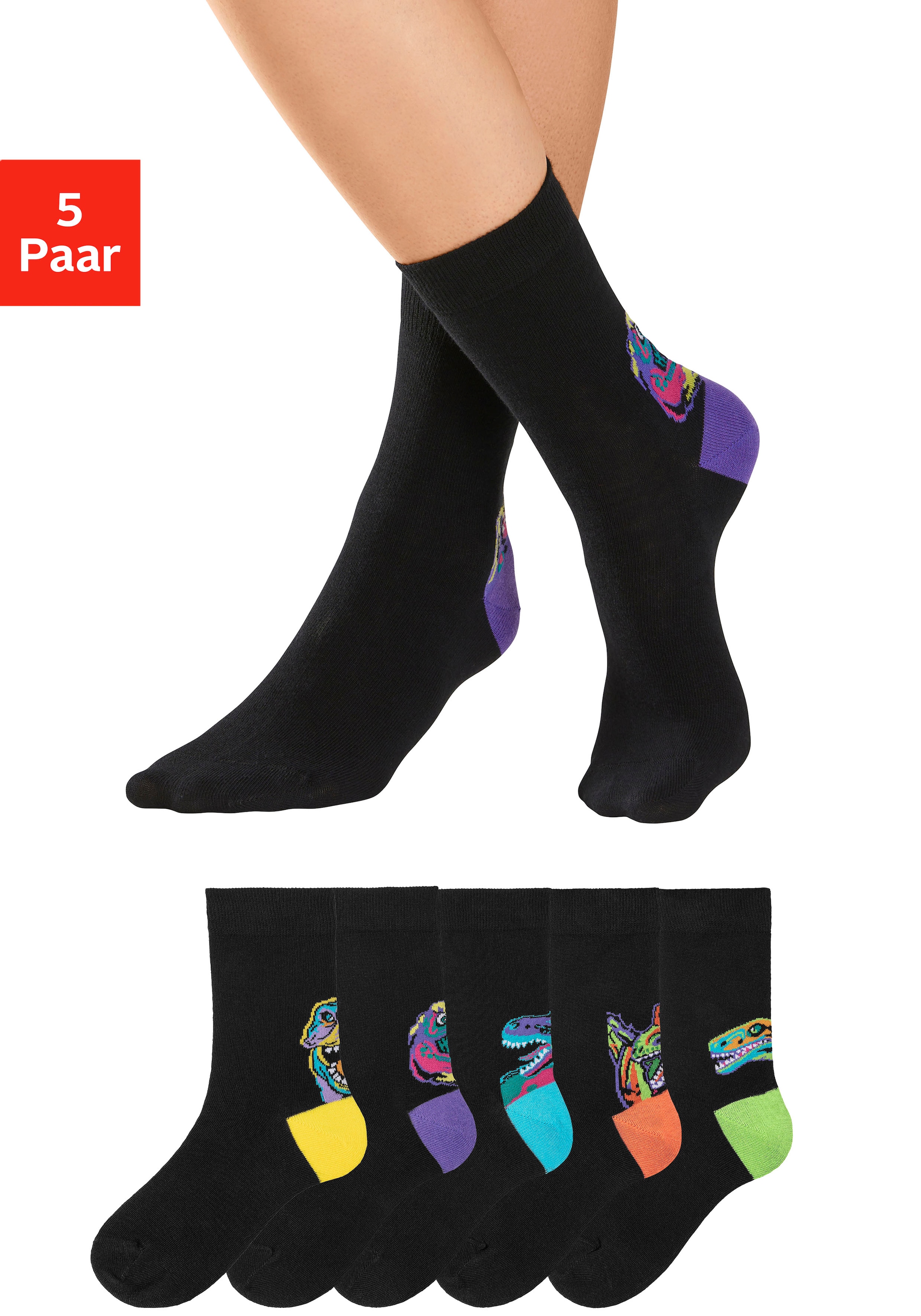 H.I.S Freizeitsocken, (Packung, 5 Paar), mit farbenfrohen Dino Motive über der Ferse