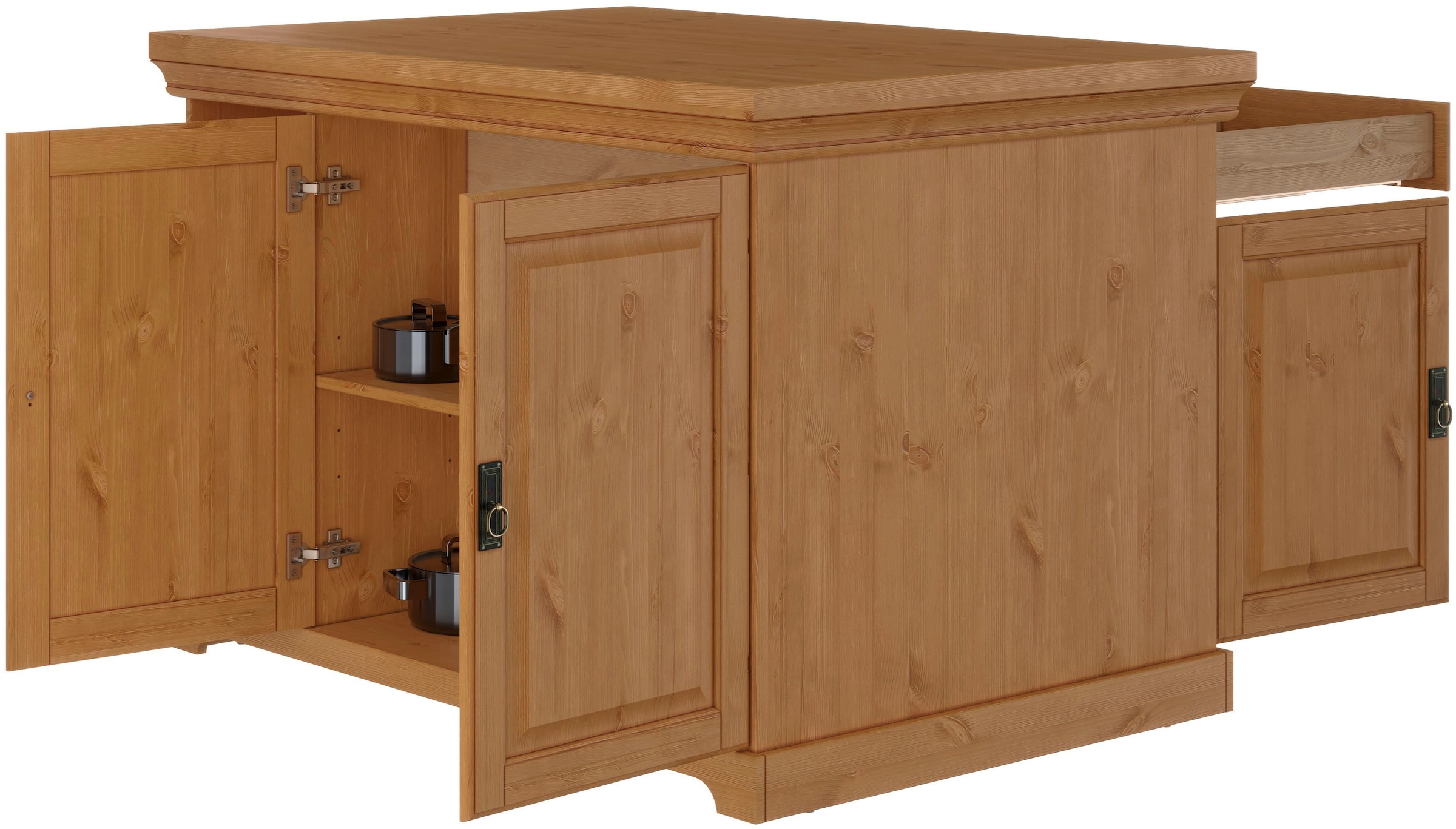 Home affaire Kücheninsel »Rügen« Breite 130 cm, Kiefer massiv, mit Türen, Schubkästen, offenen Fächern