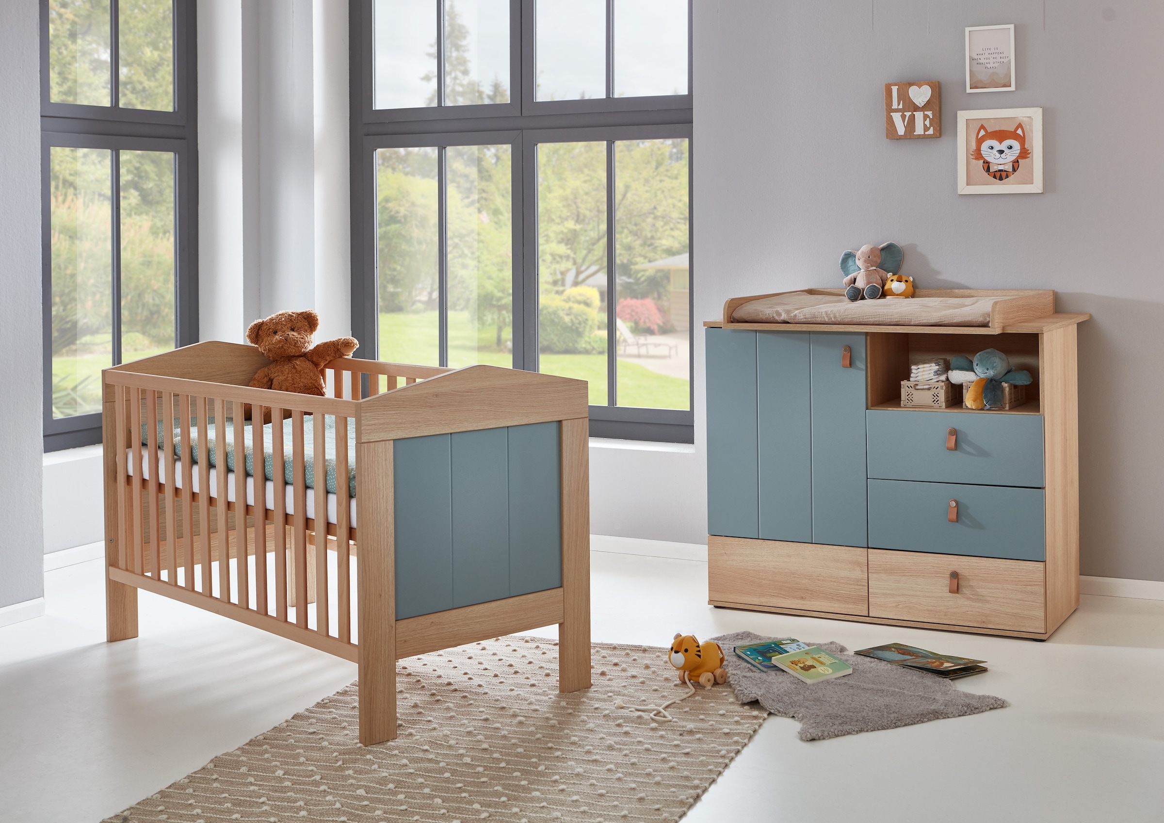 arthur berndt Babymöbel-Set »Babyzimmer-Set »Roofy« 2-teilig«, (Spar-Set, 2 tlg., Babymöbel-Set »Roofy« Kinderbett und Wickelkommode)