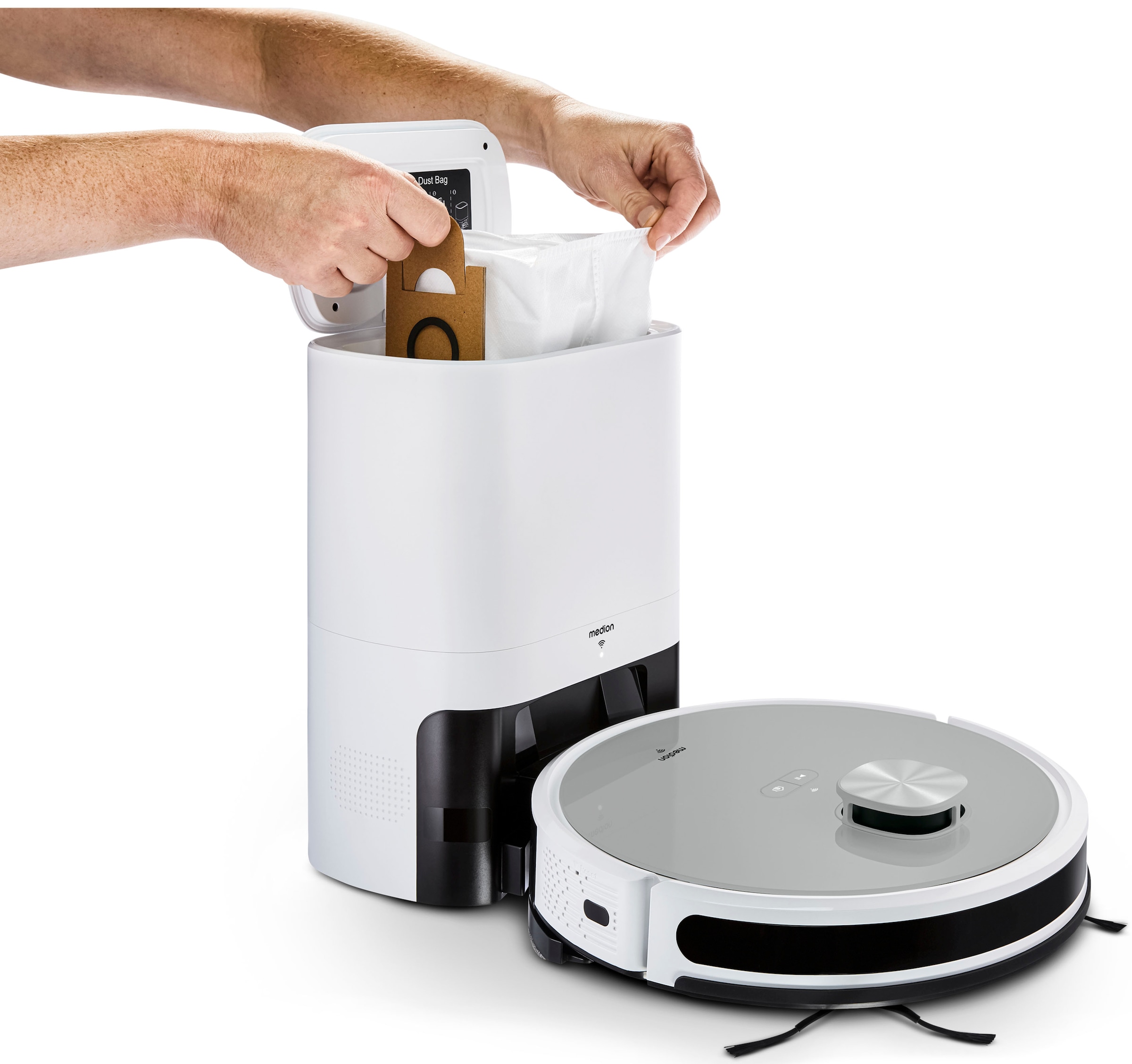 Medion® Nass-Trocken-Saugroboter »X21 SW+ (MD 11500), Absaugstation, Lasernavigation, 3 kPa Saugleistung«, App- und Sprachsteuerung, raumspezifische Reinigung, Verbotszonen