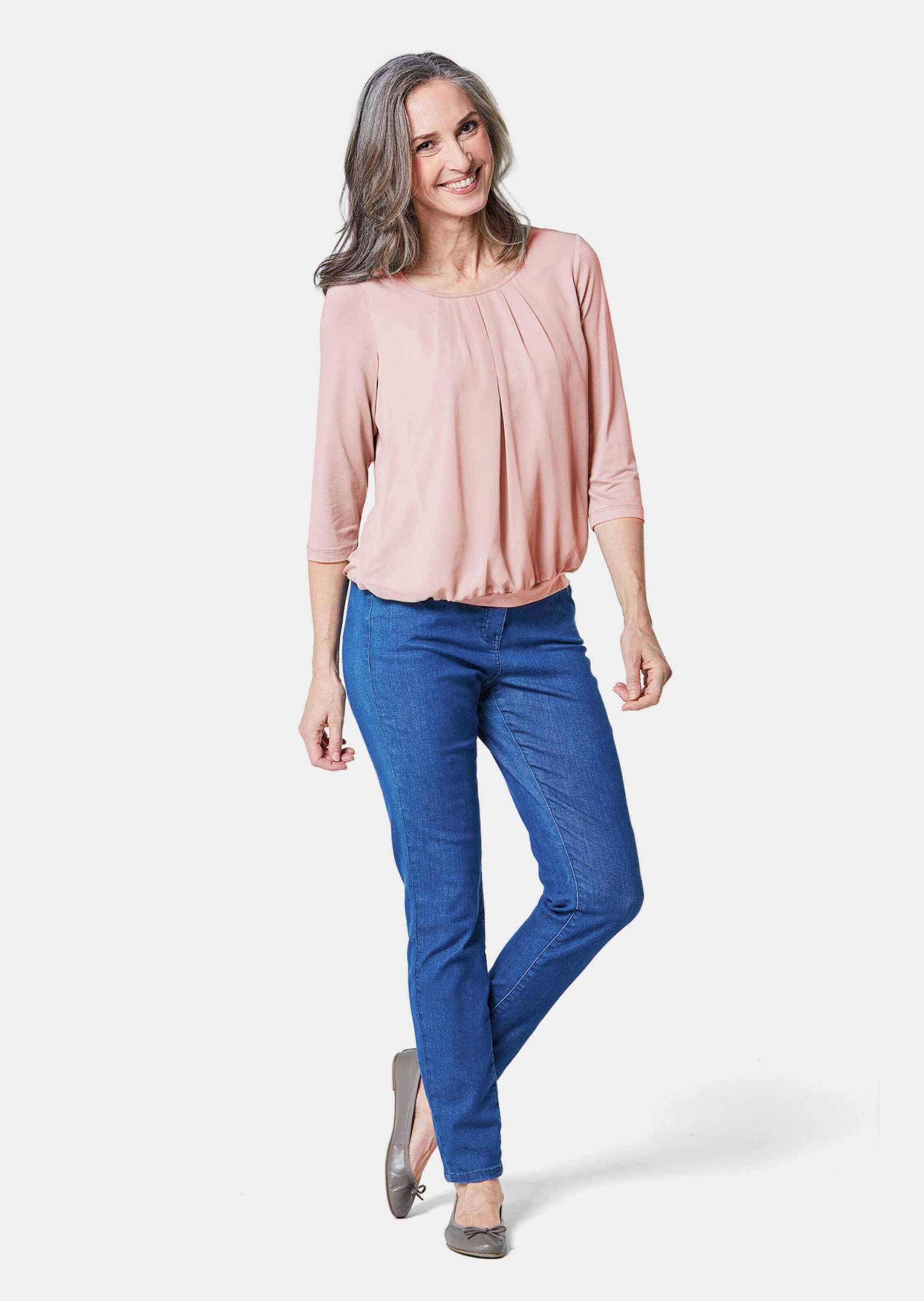 GOLDNER Kurzarmbluse »Kurzgröße Chiffon-Shirt mit 3/4-Arm, Rundhals«
