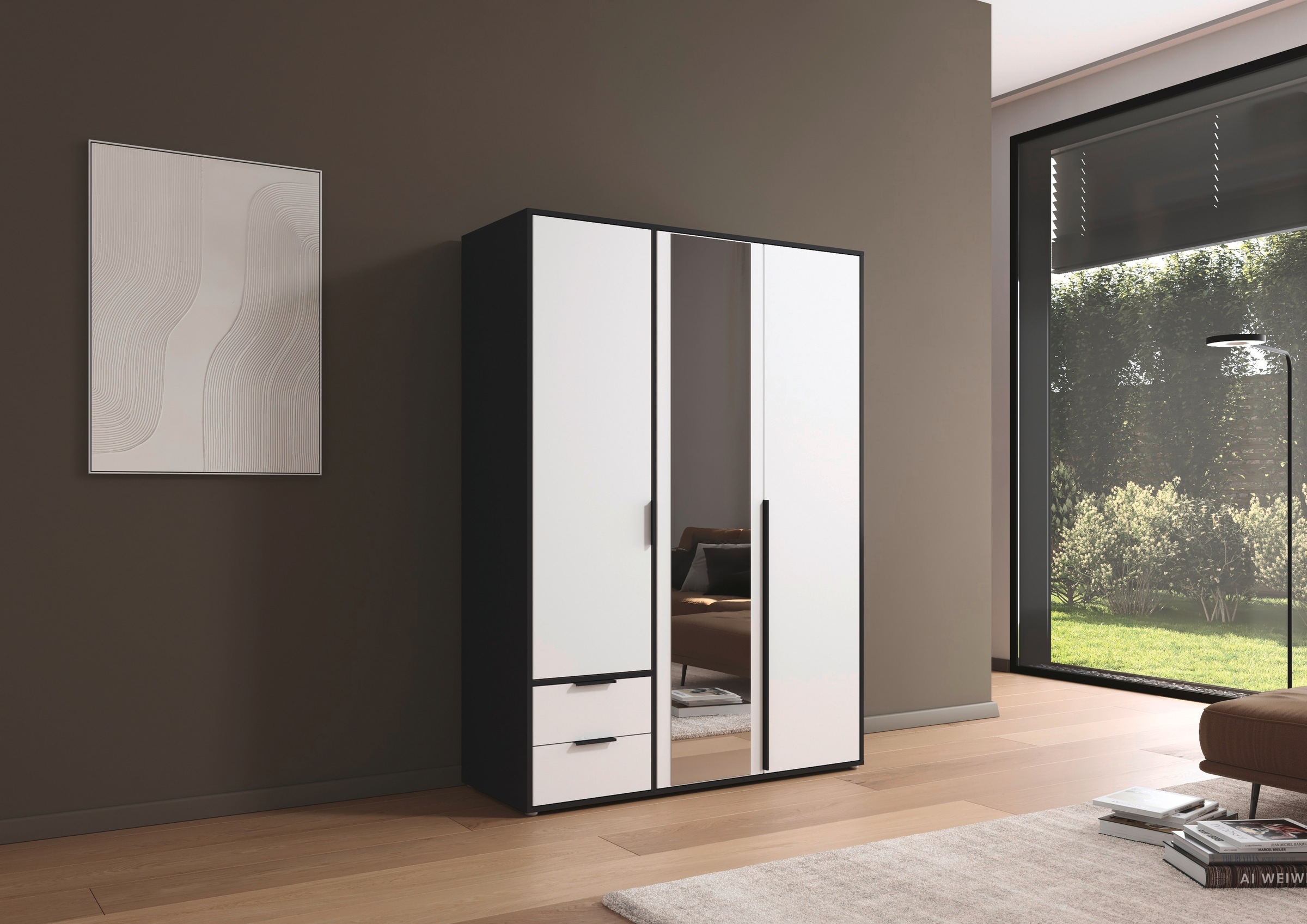 rauch Drehtürenschrank »Kleiderschrank Schrank Garderobe Wäscheschrank NAGATA mit Spiegel« in 3 verschiedenen Ausstattungen BASIC/CLASSIC/PREMIUM,  und Schubladen sowie Stangengriffen TOPSELLER MADE IN GERMANY