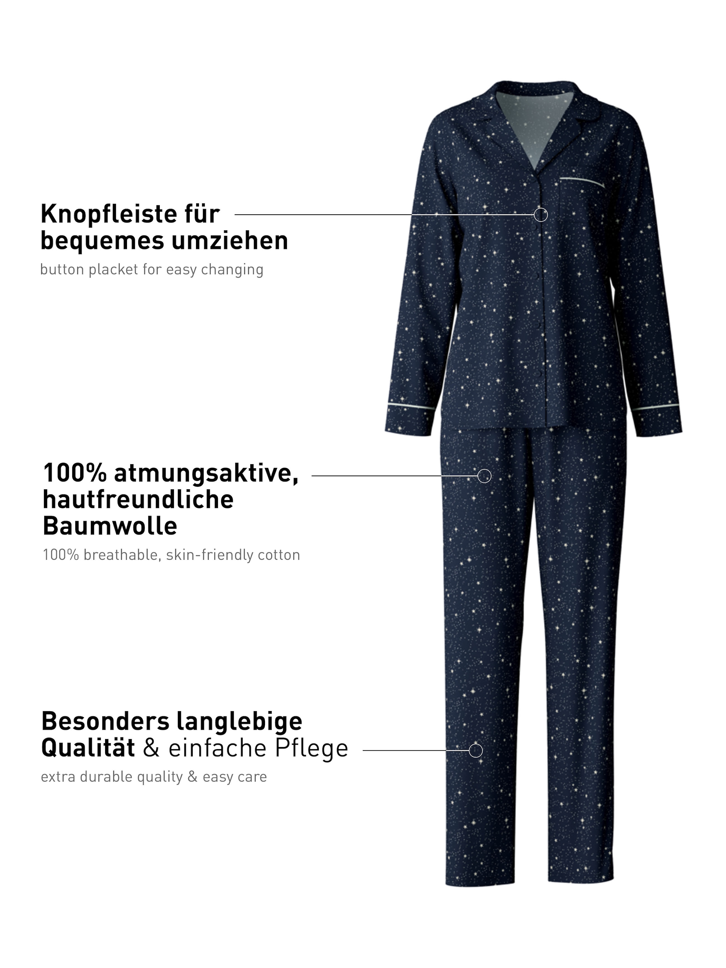 CALIDA Pyjama »Sweet Dreams« 2 Stk. tlg., Reverskragen, Knopfleiste, Pure Cotton, Interlock-Qualität, weich