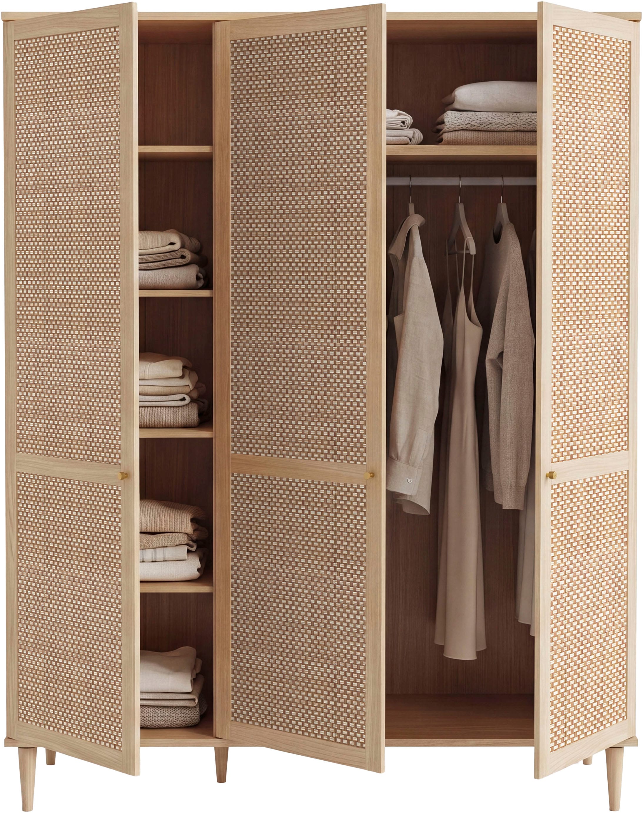 OTTO home Kleiderschrank »ELLIAN mit natürlicher Geflechtoptik und warmem Holzdekor« Holzfüße, Metallgriffe, Made in EU, viel Stauraum, FSC® zertifiziert