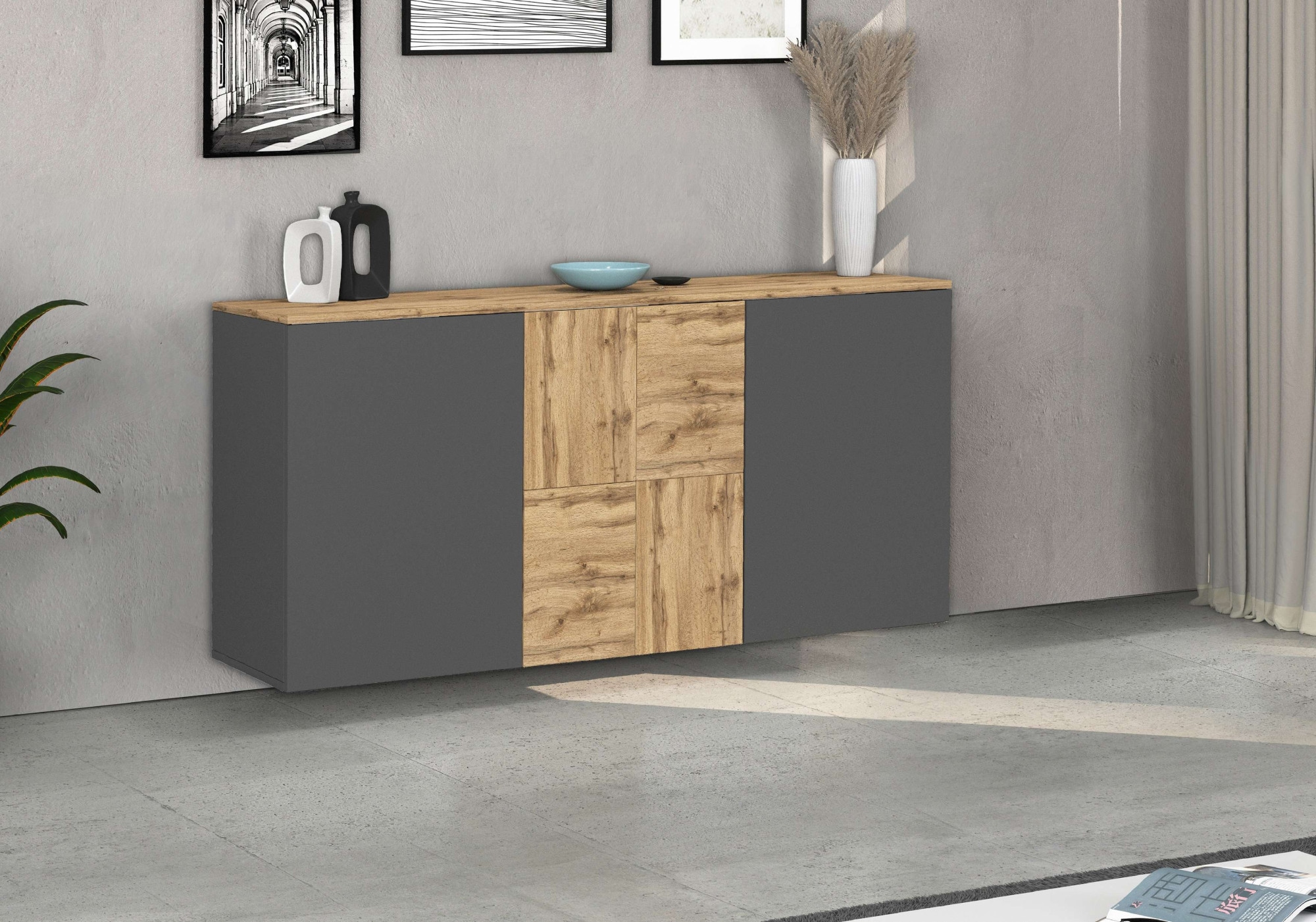 OTTO home Sideboard »ISEO, Kommode, Schrank, Sideboard, Lowboard, 6 Fächer, Breite 150 cm« 1 Stk. tlg. stehend/hängend, 3 Türen, 6 Fächer, Breite 150 cm
