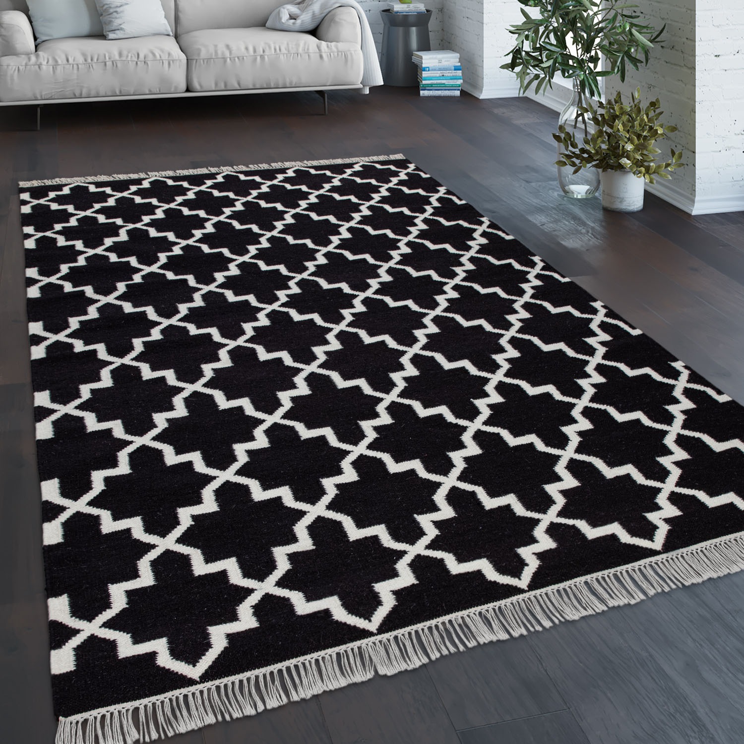 Paco Home Wollteppich »Kenitra 504«, rechteckig, 12 mm Höhe, Flachgewebe, reine Wolle, handgewebt, Scandi Design, mit Fransen