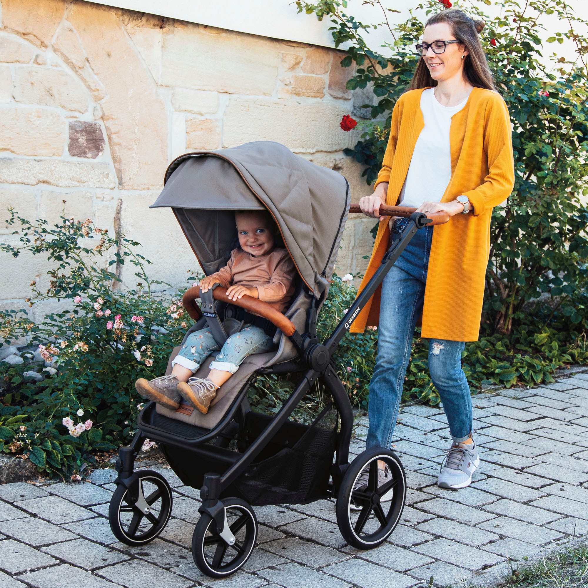 Gesslein Kombi-Kinderwagen »FX4 Soft+ mit Aufsatz Style, taube/cognac«, mit Babywanne C3 und Babyschalenadapter