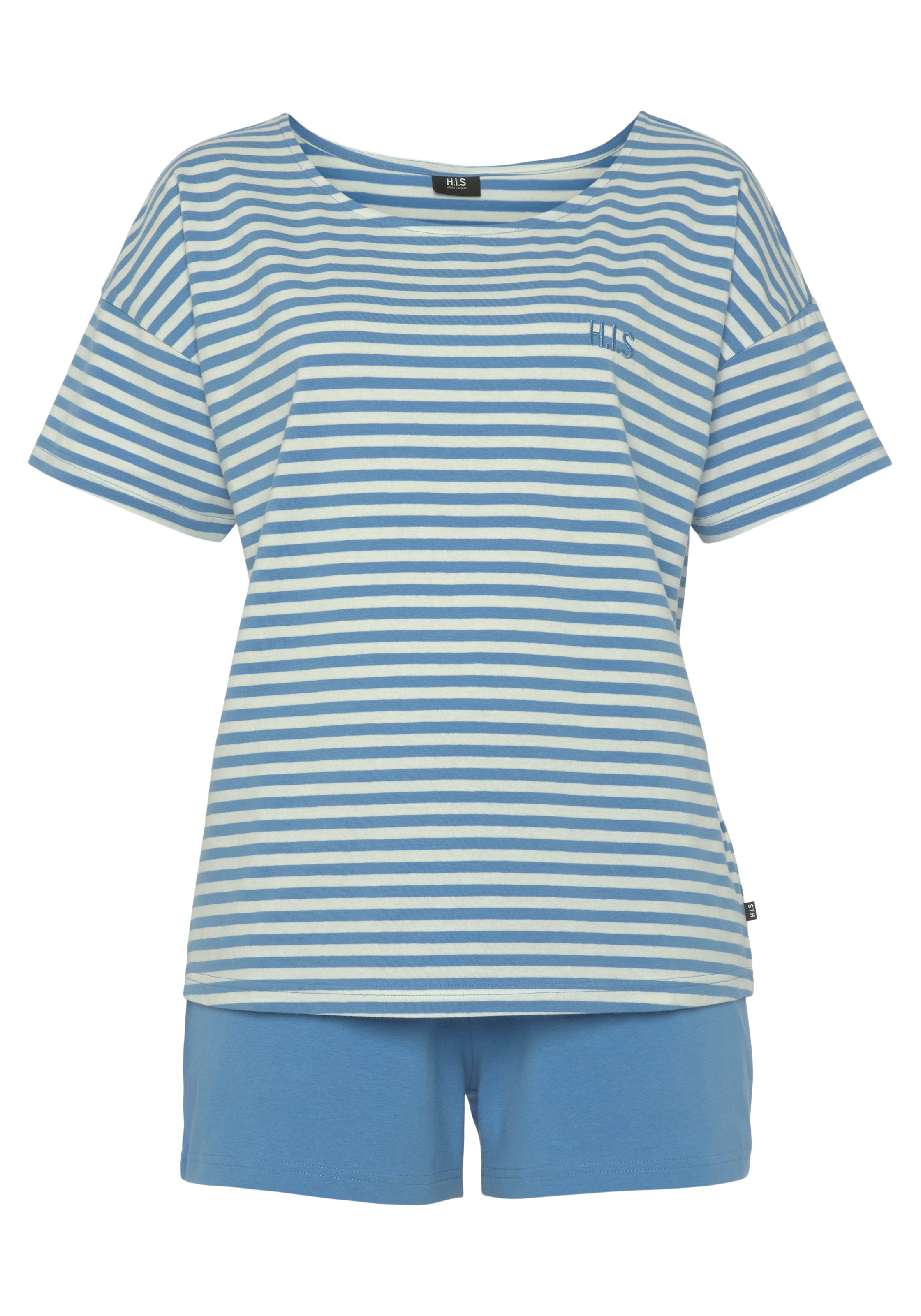H.I.S, Damen, Shorty 2 tlg. mit Logostickerei auf der Brust, blau, 44/46, blau, Shorty mit garngefärbten Streifen