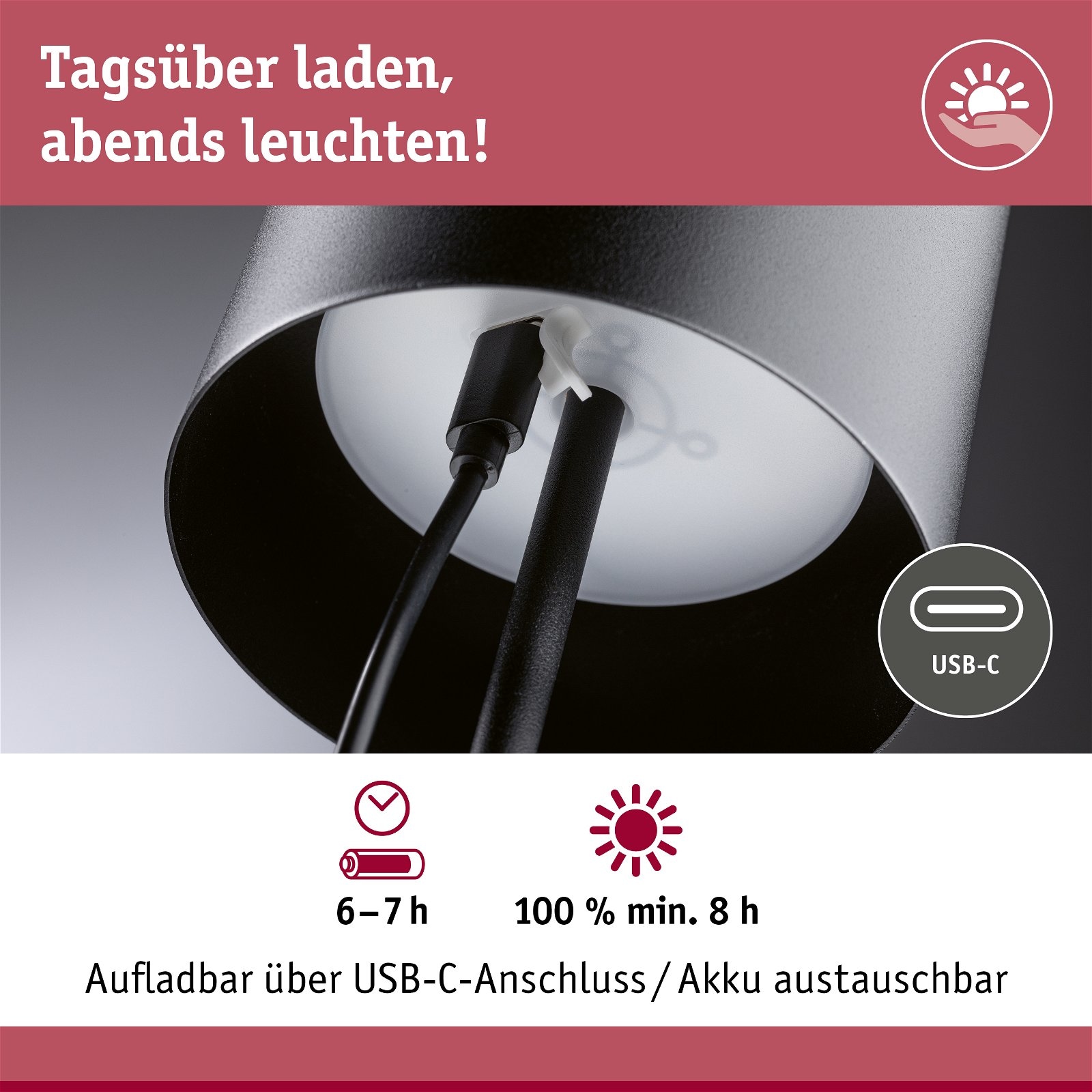 Paulmann LED Außen-Tischleuchte »Mobile Tuni IP44 2700K dimmbar 2,8W USBC«, 1 flammig