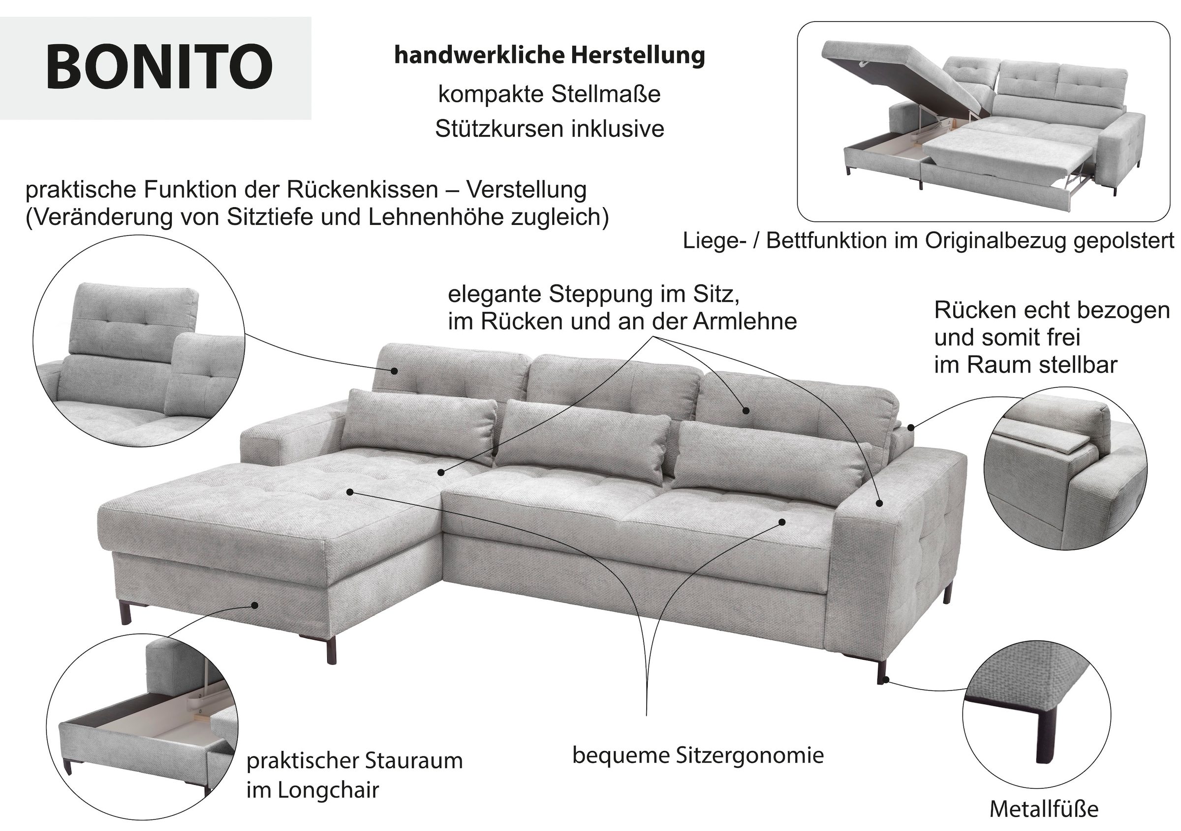 exxpo - sofa fashion Ecksofa »Bonito, mit Rücken- und Sitztiefenverstellung, inkl. Bett & Bettkasten«, Sitztiefenverstellung,Höhenverstellung