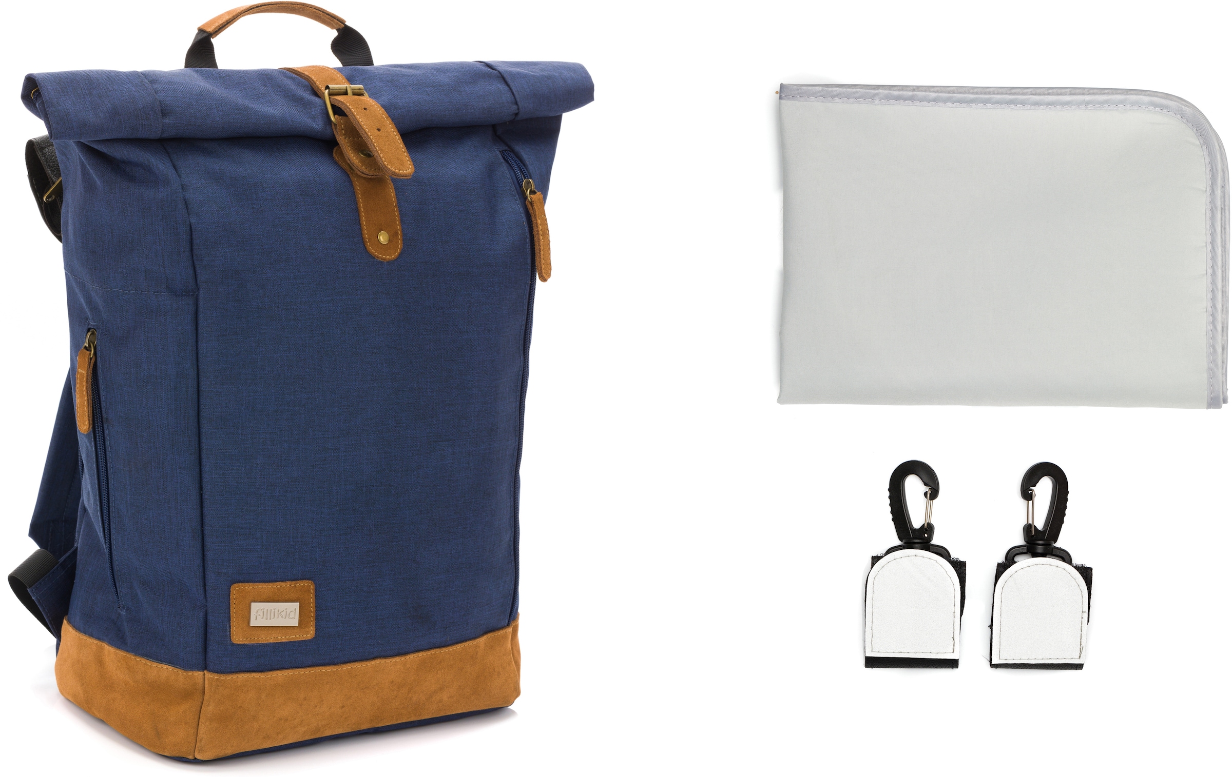 Fillikid Wickelrucksack »Rolltop Berlin, navy melange«, Reflektoren, inkl. Wickeltunterlage