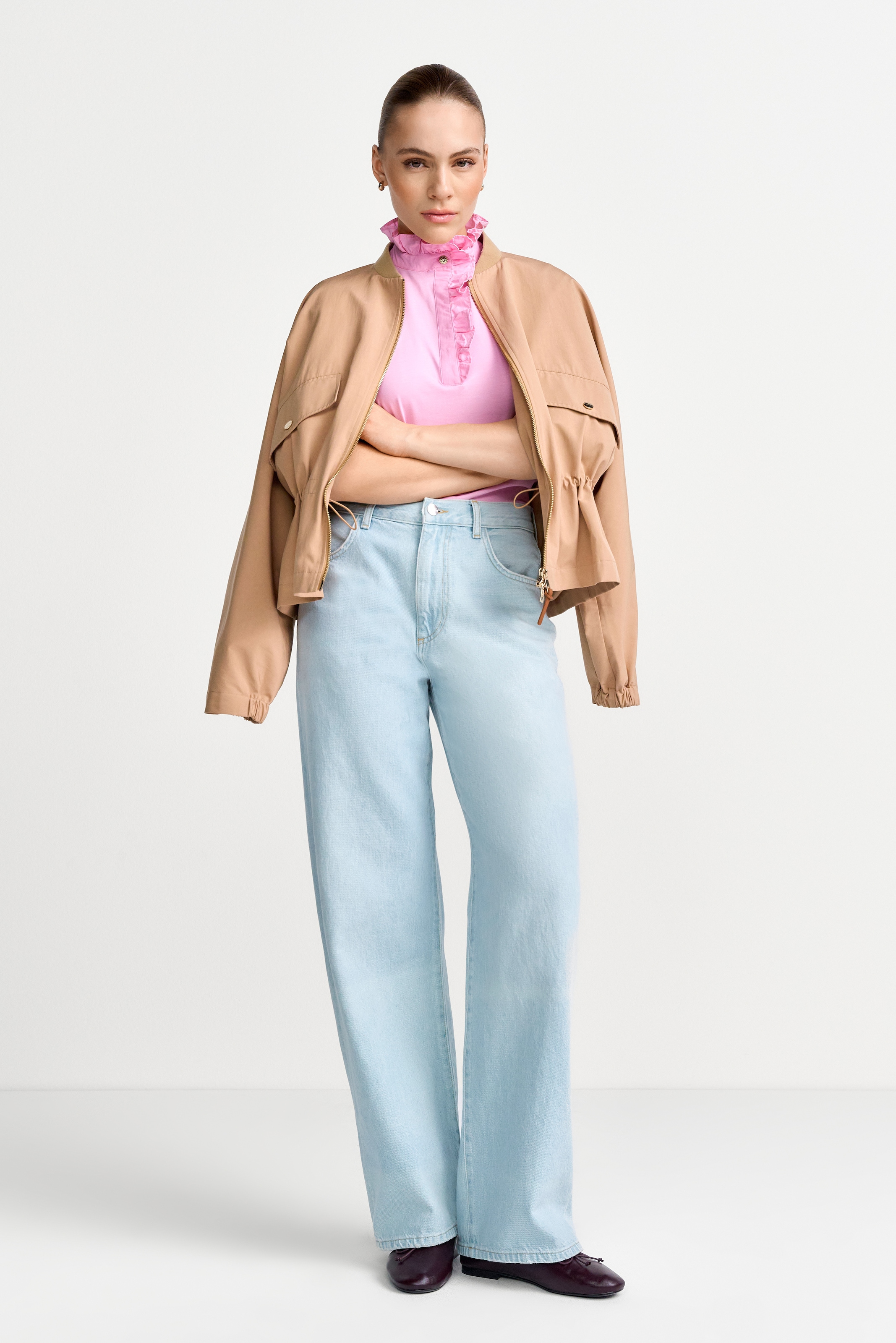 RICHROYAL Blusenshirt mit schmalem Stehkragen und halber Knopfleiste mit Rüschenkante