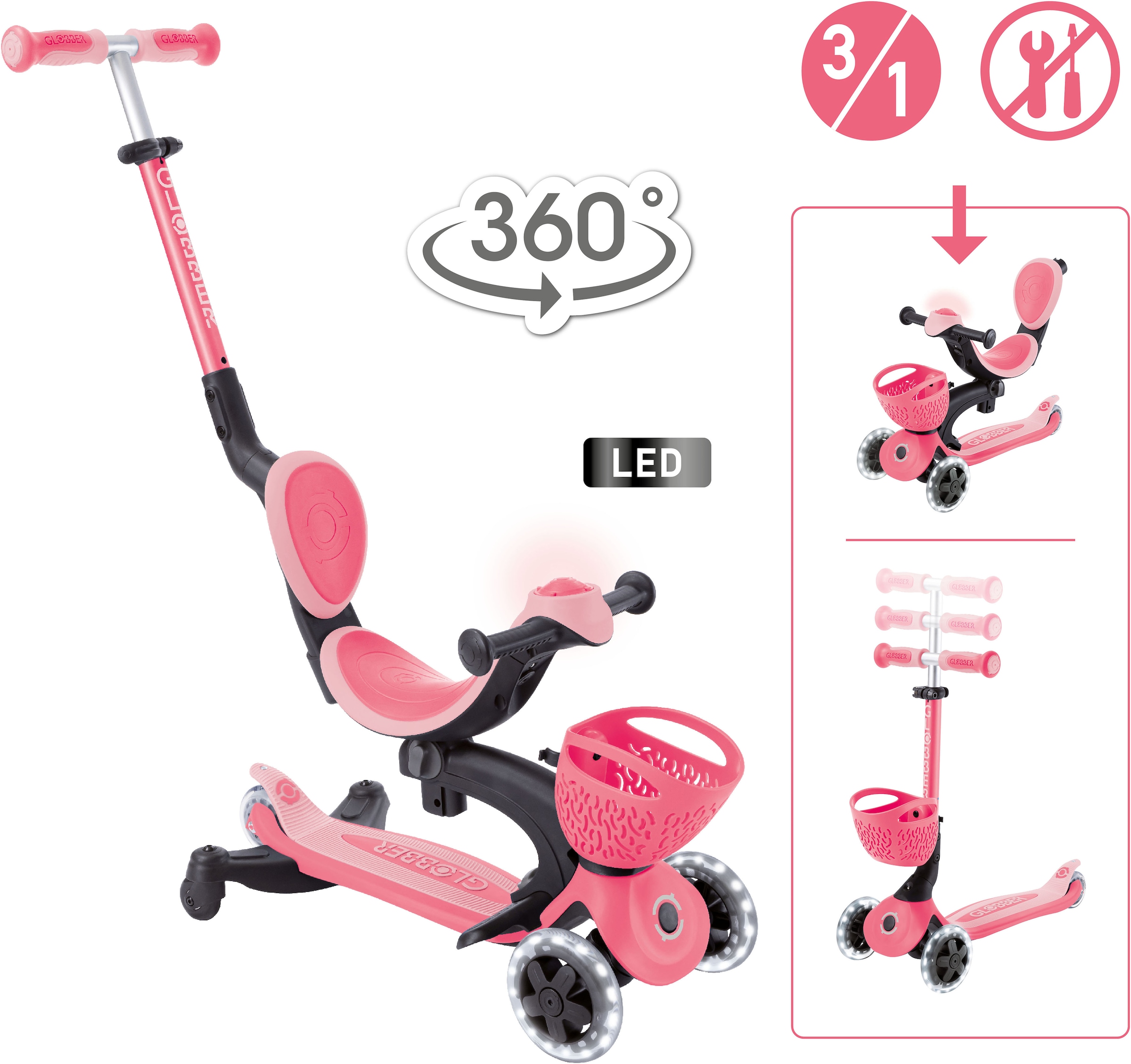 Globber Tretroller »GO-UP BABY 360 LIGHTS, mit Leuchtrollen und Leuchtmodul« Aufsitzrad, Laufrad und Scooter in Einem