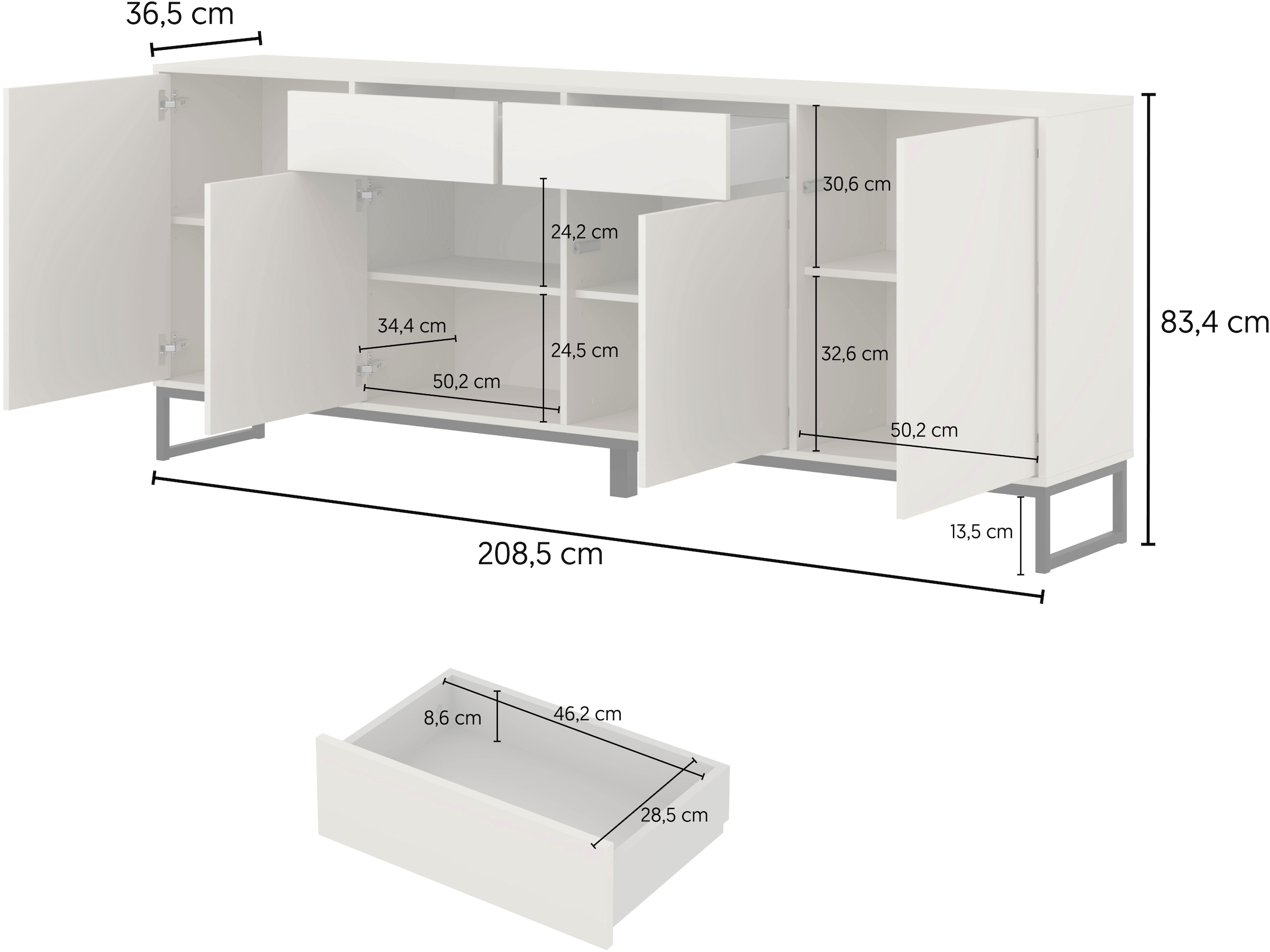 OTTO home Sideboard »Loft, Breite 208,5 cm, grifflose Kommode 4 Türen/2 Schubkästen.« Schubladenschrank mit viel Stauraum, Einlegeböden verstellbar