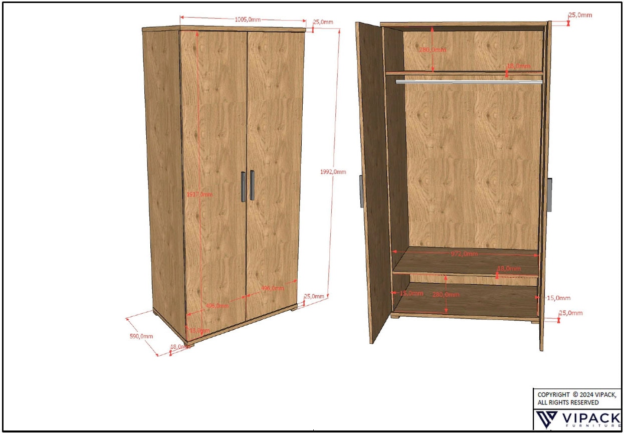 Vipack Jugendzimmer-Set »SAM - Bett, Nachtkonsole, Kleiderschrank 2-trg., gradliniges Design« Schubladen auf Metallauszug, mit viel Stauraum, 3 tlg. tlg.