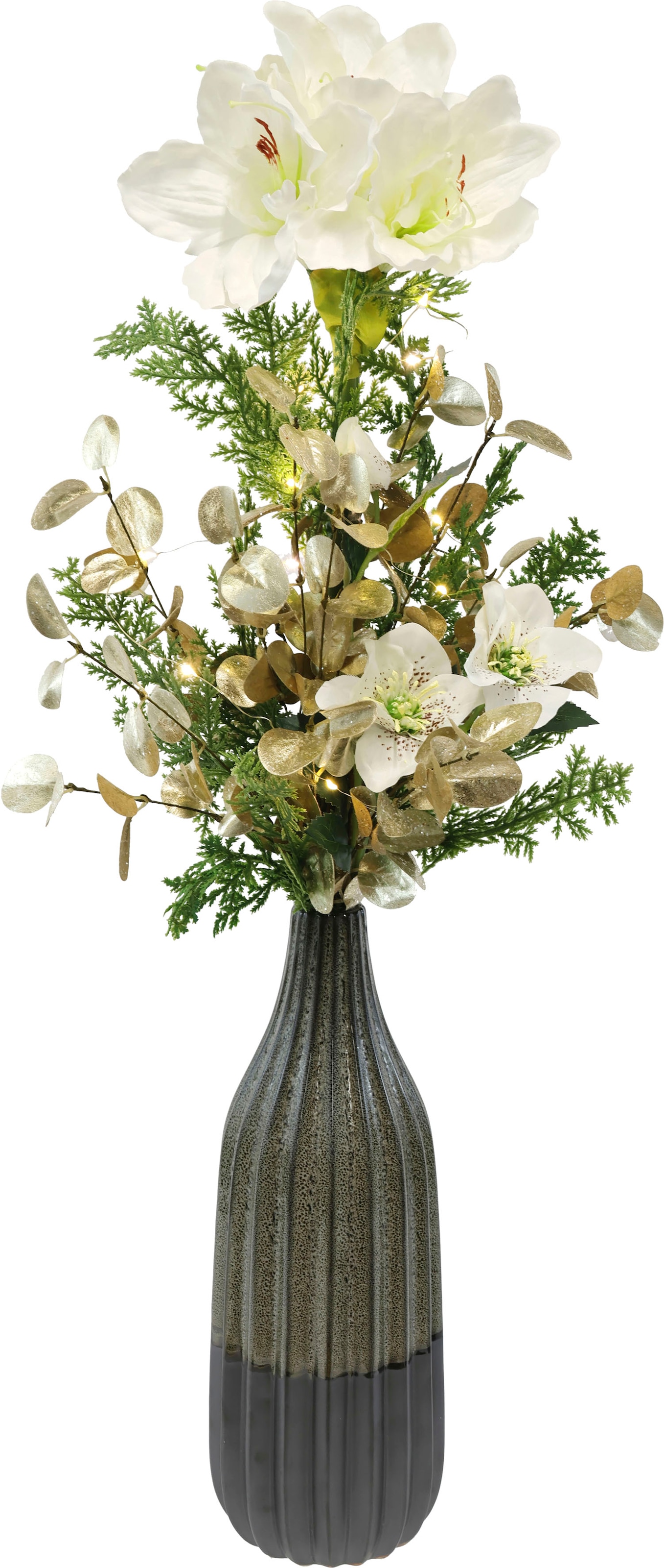 Zweigen »mit Vase Amaryllis I.GE.A. LED-Beleuchtung«, kaufen Arrangement, Weihnachtsdeko, Blumen- aus aus Winterliche Keramik, Raten Gesteck Eukalyptus, in Koniferen auf Kunstpflanze Blüten, und