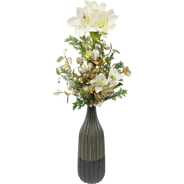 I.GE.A. Winterliche Kunstpflanze »mit Amaryllis in Vase aus Keramik, Blumen- Arrangement, LED-Beleuchtung«, Weihnachtsdeko, Gesteck aus Blüten,  Eukalyptus, Koniferen und Zweigen auf Raten kaufen