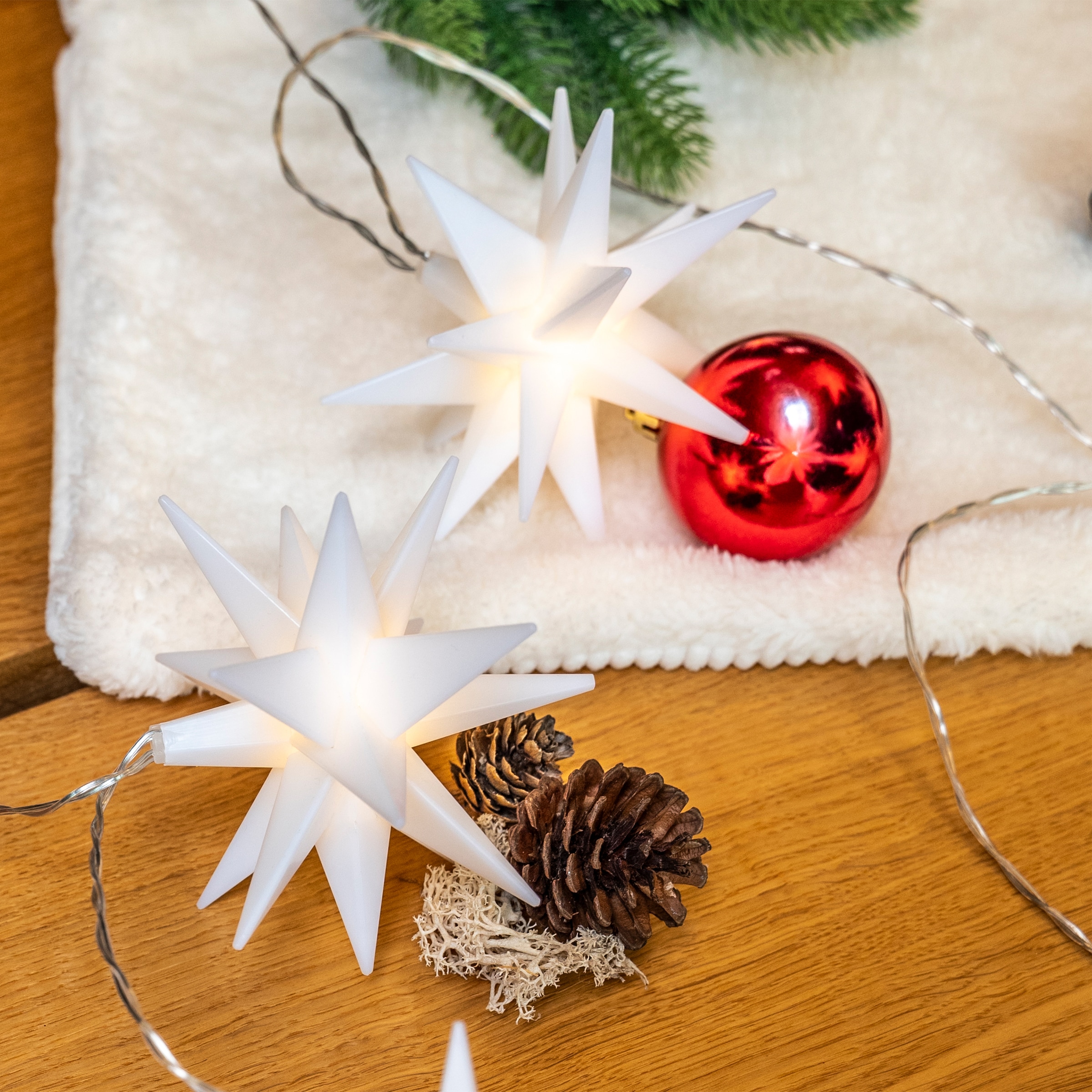 OTTO home LED-Lichterkette »10er 3D-Sterne, Timer, Länge 4,5m, Rot, Weiß oder Gelb, Indoor Outdoor« 10 Stk.-flammig mit Zeitschaltuhr, 4,5 m beleuchtet & 3 m Zuleitung, innen, außen