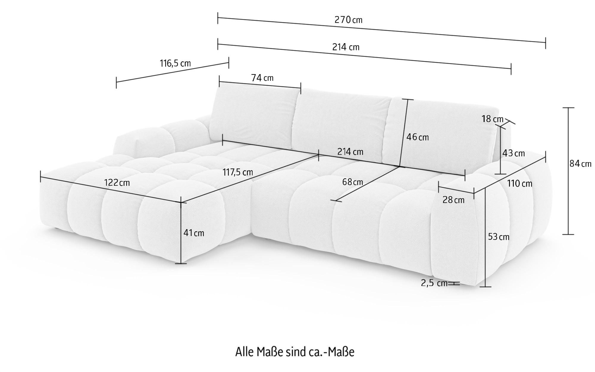 INOSIGN Ecksofa »AZITA klein optionale Schlafsofa mit Bettkasten, B/T/H: 270/166,5/84cm«, L-Form mit Wellenunterfederung, Bubble-Optik