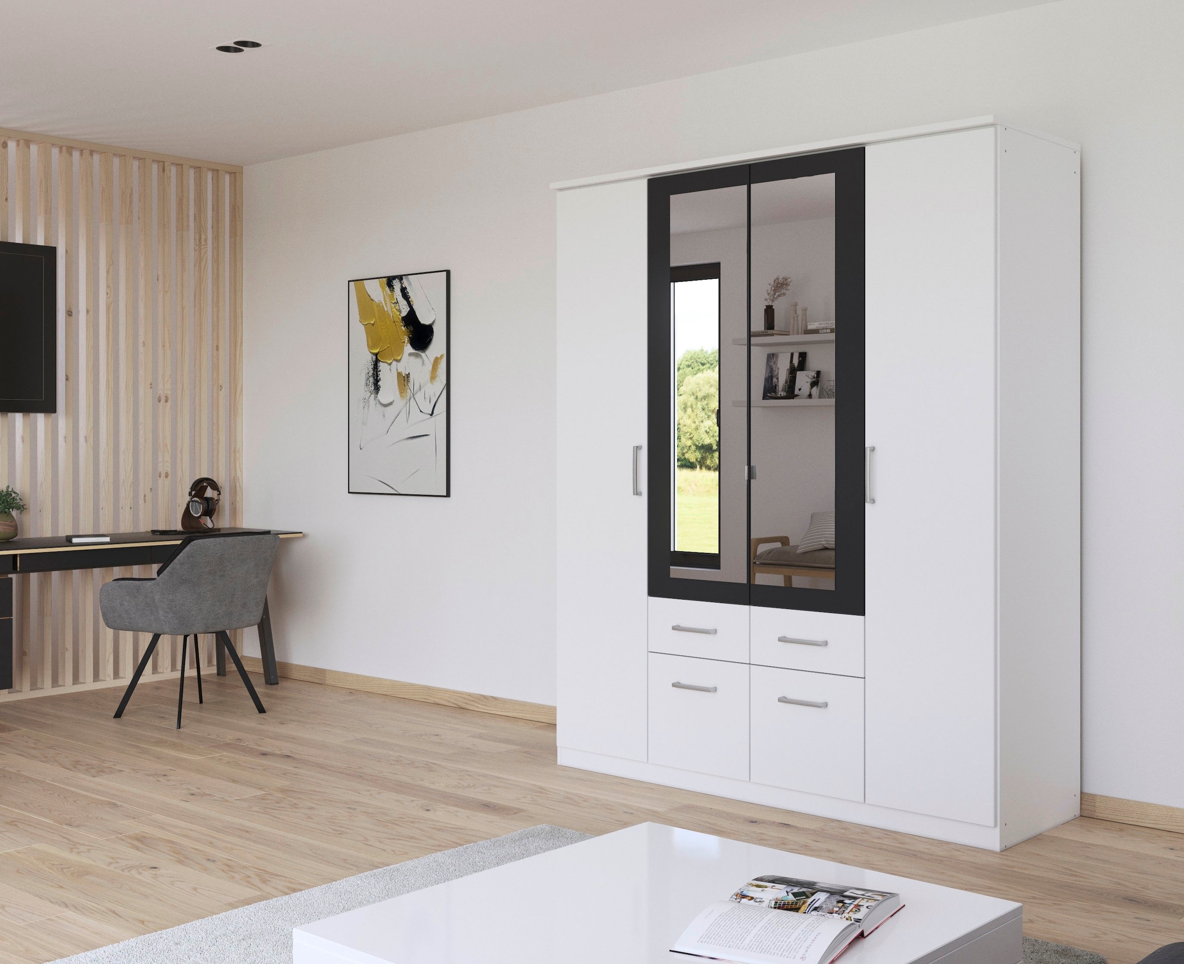 rauch Kleiderschrank »Drehtürenschrank Schrank Garderobe BURANO« mit Schubladen und Spiegelumrandung in Farbabsetzung MADE IN GERMANY