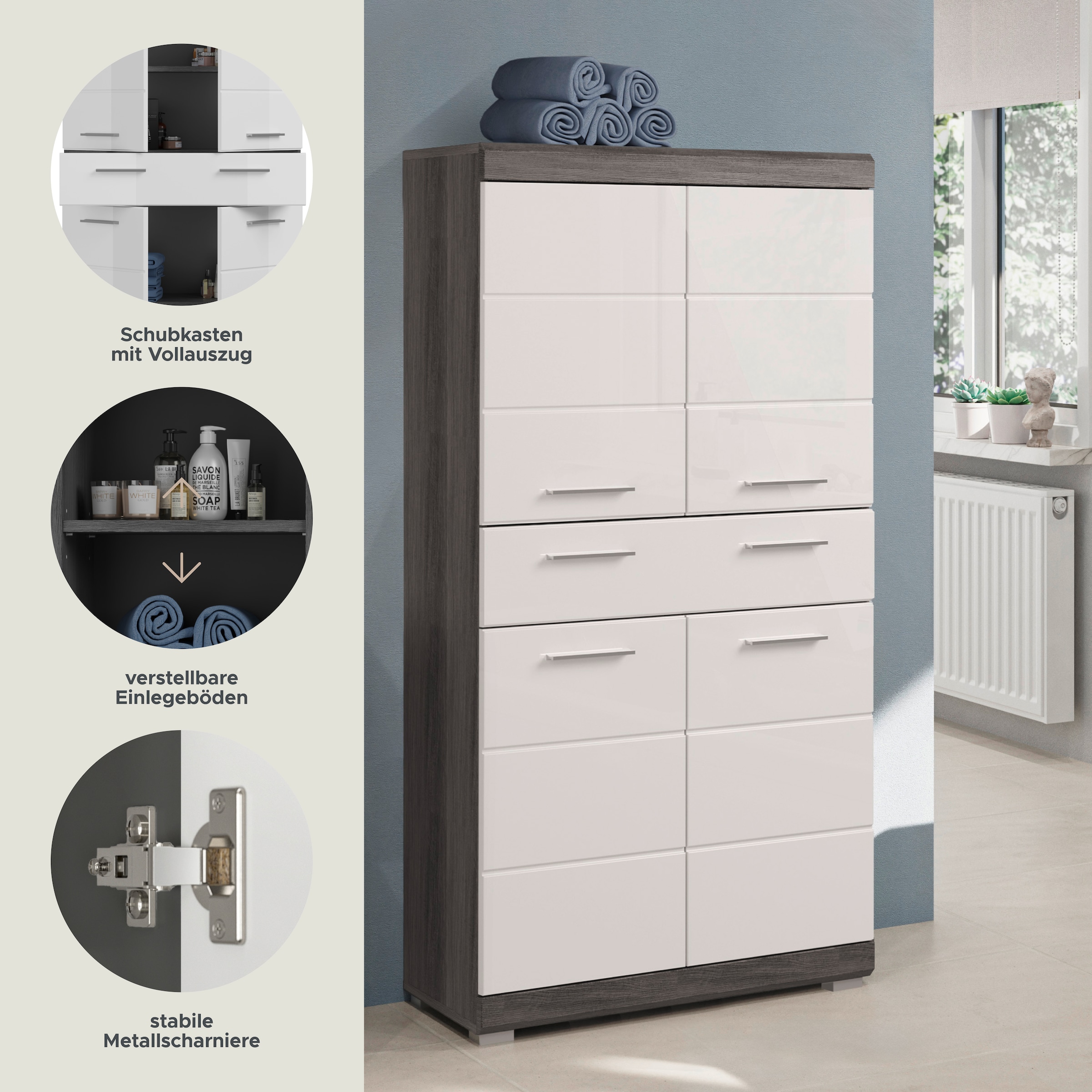 welltime Midischrank »SIENA, Breite 74cm, 4 Türen, 1 Schubkasten, 4 Fächer, MDF-Front« TOPSELLER!,  in verschiedenen Farben erhältlich, Badmöbel, Badschrank, Schrank, Bad