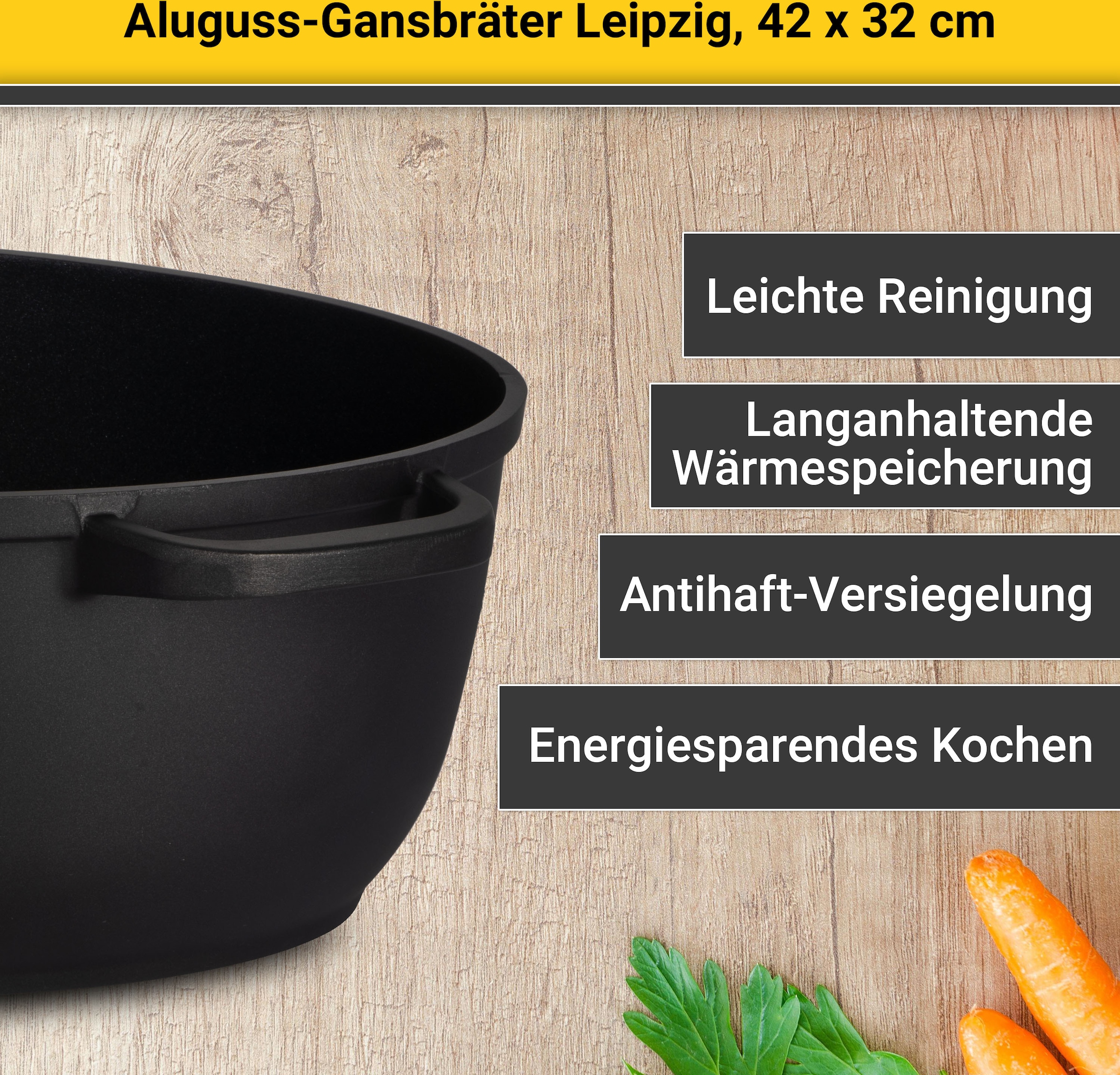 Krüger Bräter »Aluguss Gansbräter mit Glasdeckel und Aromaknopf LEIPZIG, 42x32x14 cm«, Aluminiumguss, (1 tlg.), hochwertige Antihaft-Versiegelung