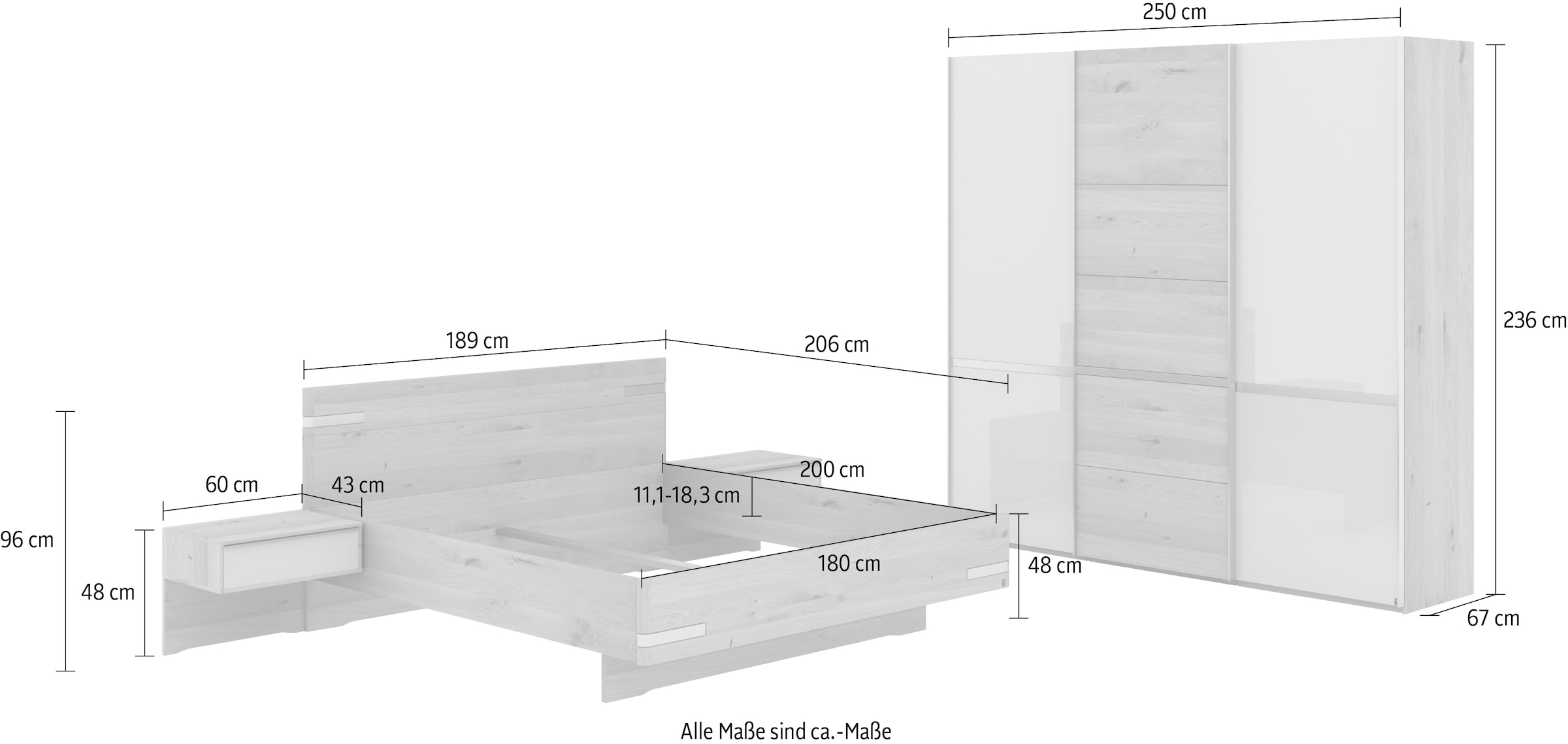Musterring Schlafzimmer-Set »Savona, Kleiderschrank, Bett & Nachtkommoden, teilmassiv Bianco-Eiche« 2er-Set Nachtschränke, Schwebetürenschrank, Bett 180x200 cm,  Eiche- und Glastüren, Kopfteil Eiche, Konsolen Glasfront, Höhe 236cm