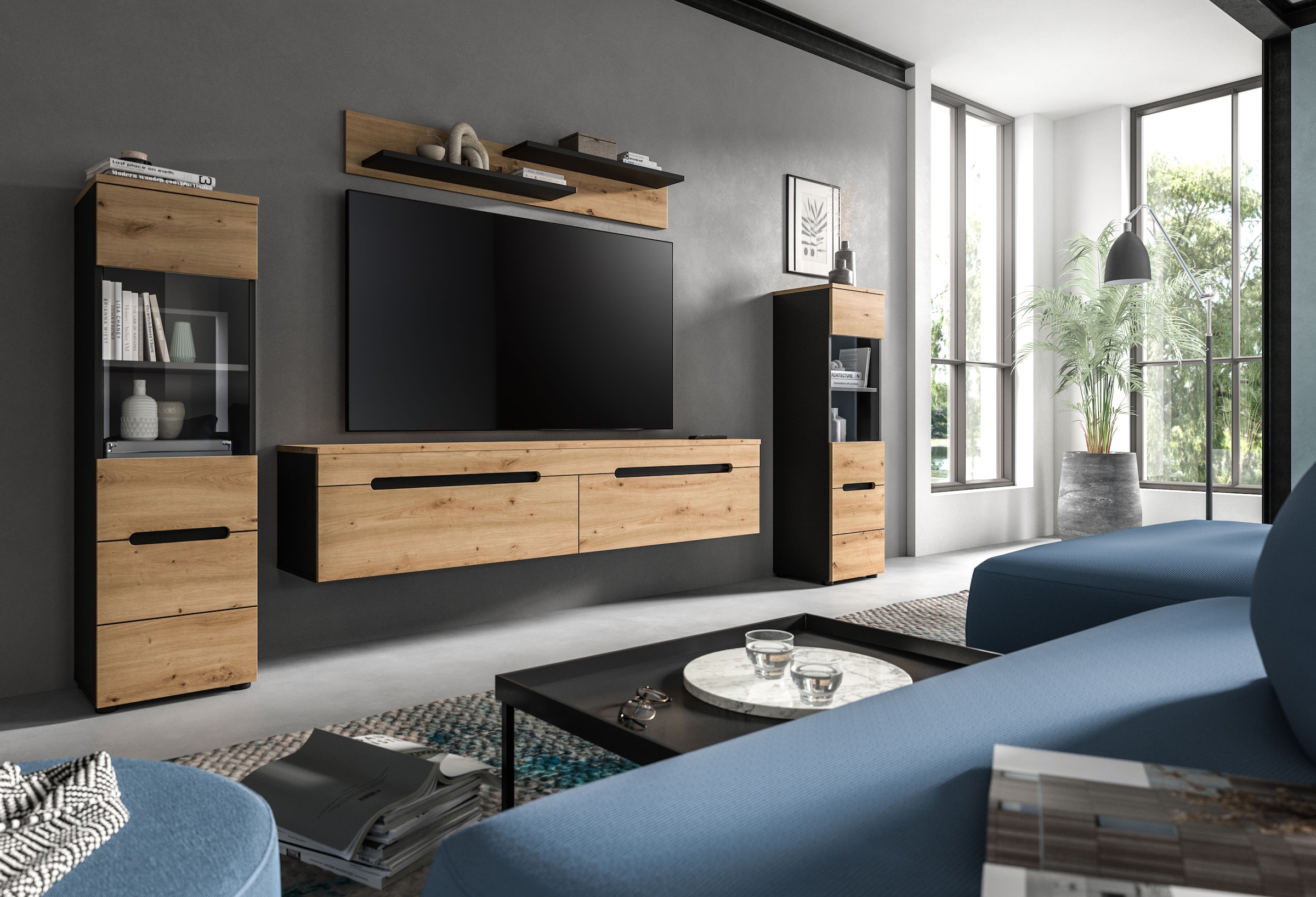 INOSIGN Wohnwand »REHAT, TOPSELLER!, 4-teilig, wahlweise stehend und hängend montierbar« Set bestehend aus: 2x Vitrine, Lowboard und Wandboard, 3 Stk. tlg.